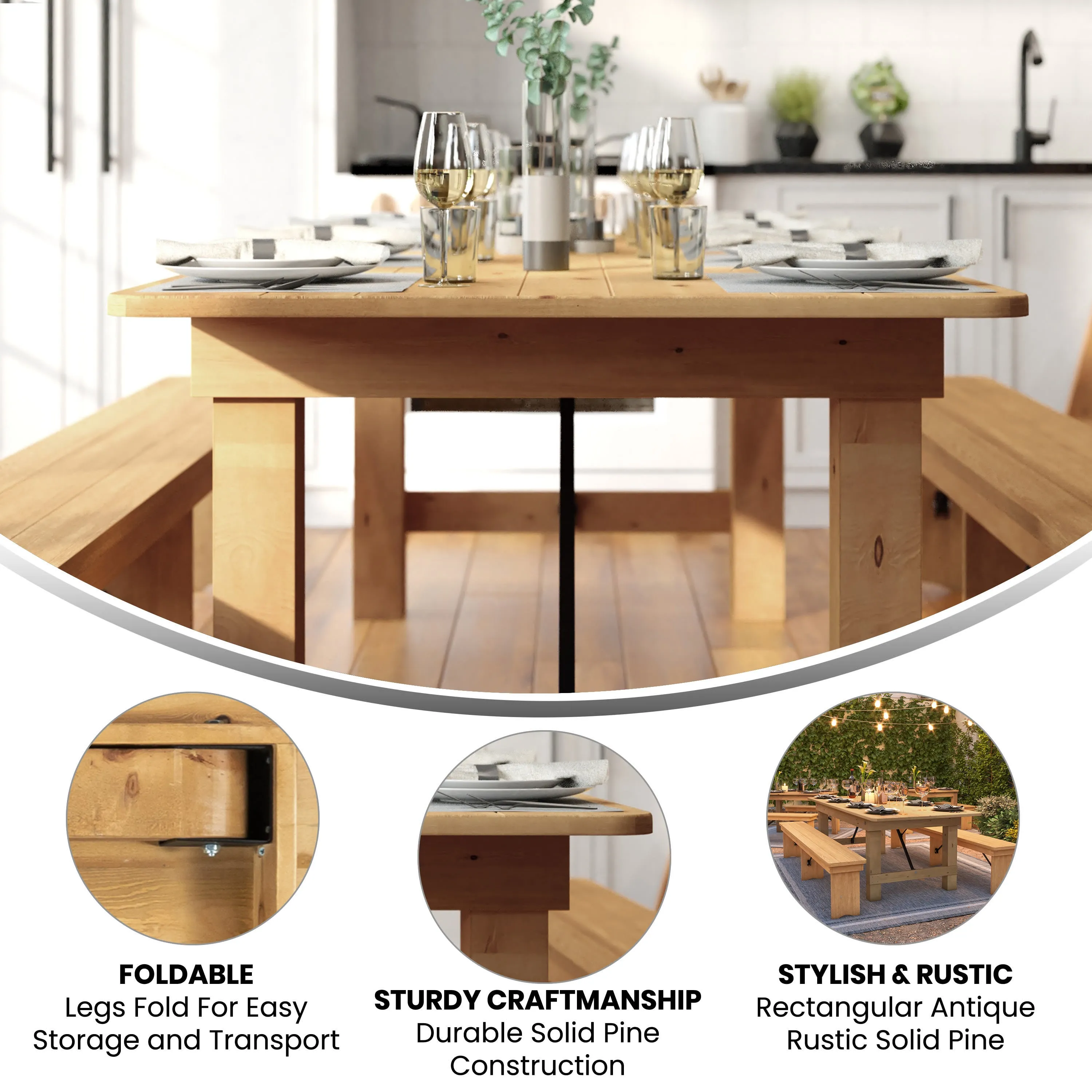 HERCULES Series 8' x 40" Solid Pine Folding Farm Table