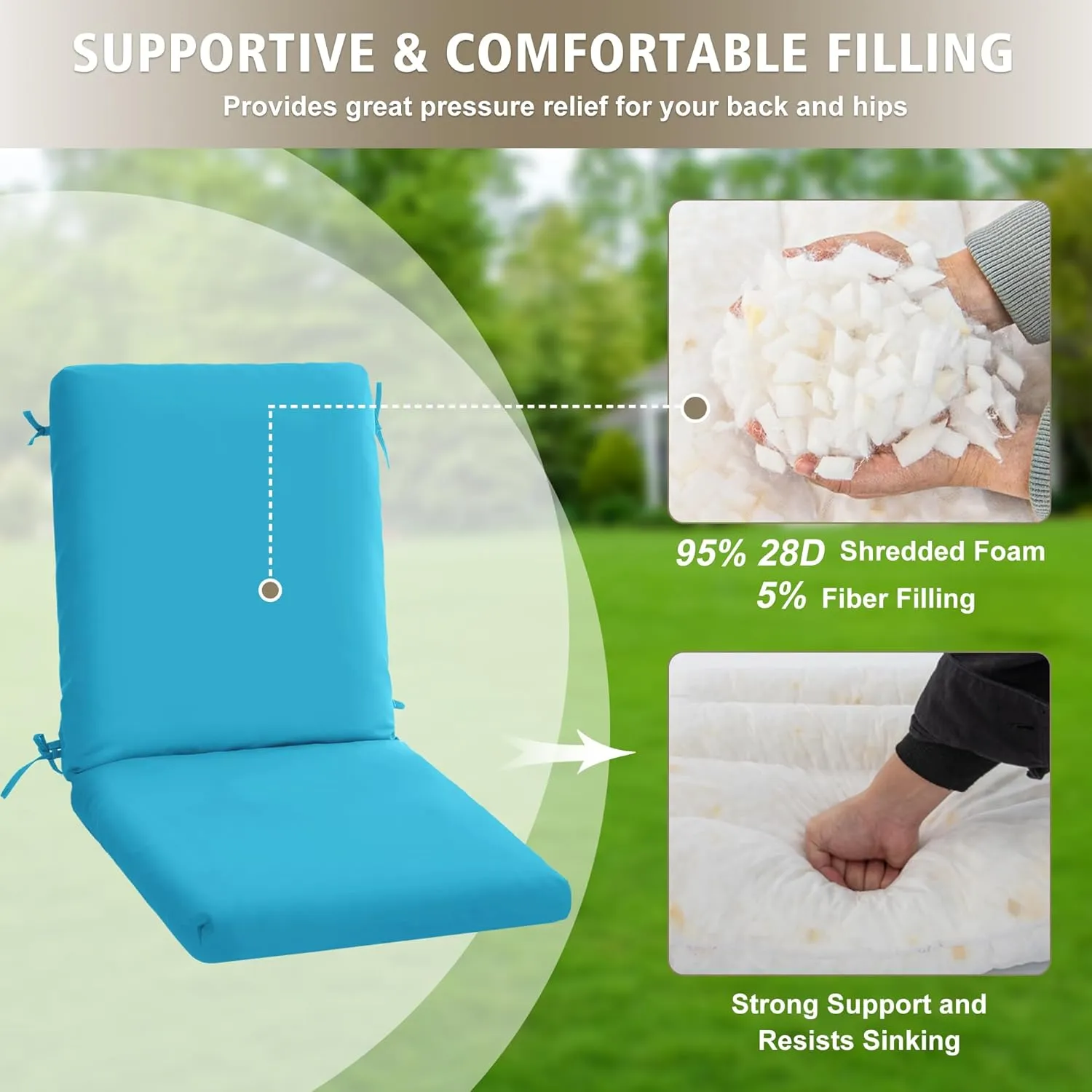 High Back Outdoor Chair Cushions 44''x20'' - Patio Dining Chair Cushions with Waterproof, Fade-Resistant, Removable & Machine-Washable Covers, Teal