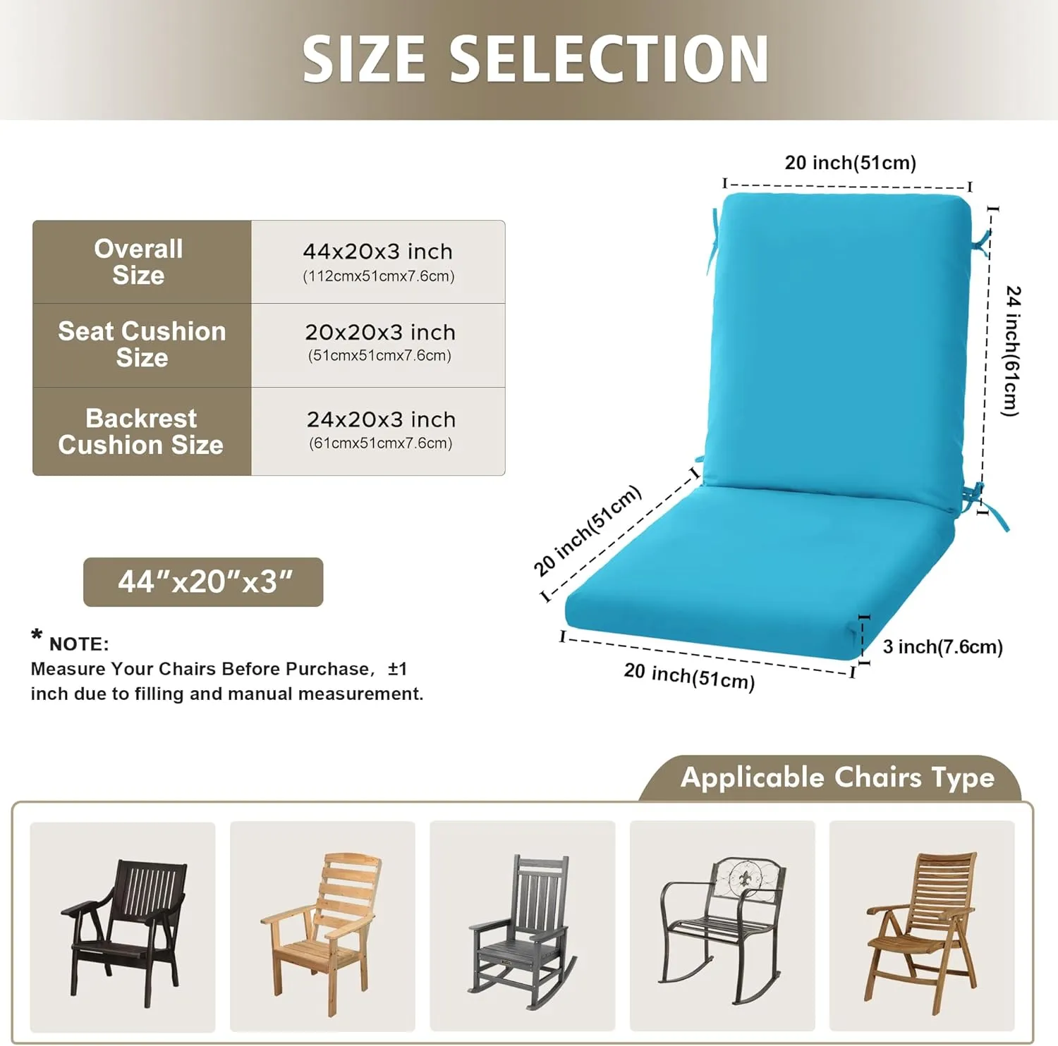 High Back Outdoor Chair Cushions 44''x20'' - Patio Dining Chair Cushions with Waterproof, Fade-Resistant, Removable & Machine-Washable Covers, Teal