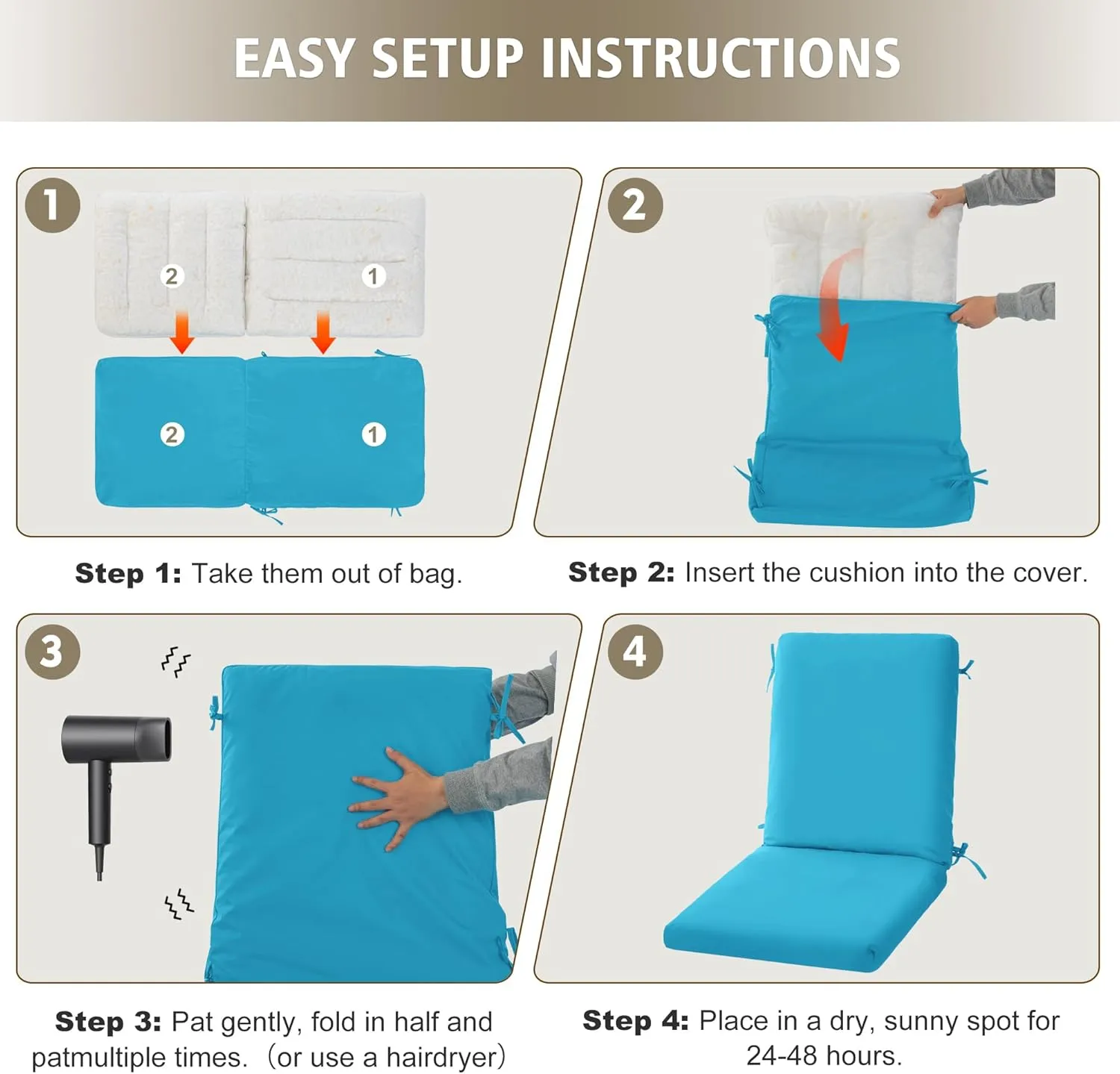 High Back Outdoor Chair Cushions 44''x20'' - Patio Dining Chair Cushions with Waterproof, Fade-Resistant, Removable & Machine-Washable Covers, Teal