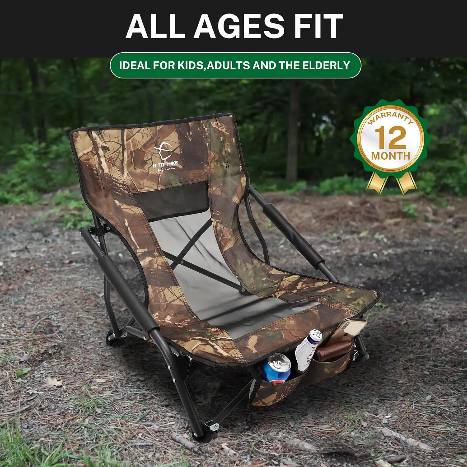 HITORHIKE Low Sling Beach Camping Concert Folding Chair with Armrests and Breathable Nylon Mesh Back Compact and Sturdy Chair