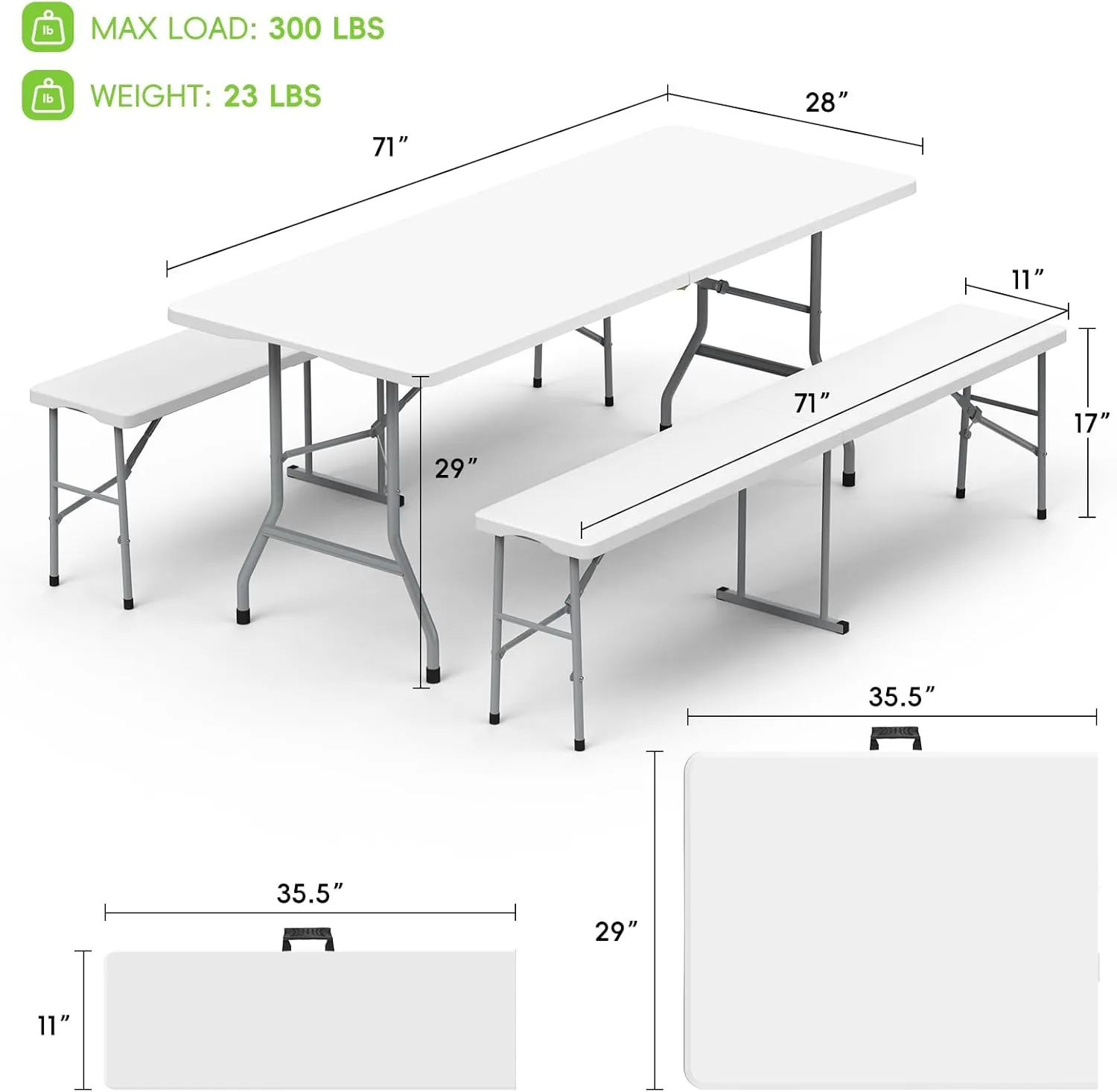 HLPB Folding Table Picnic Table Set, 6 ft Camping Table with 2 Benches, Outdoor Indoor Portable Folding Furniture for Working Meeting Party, Camping, Picnic, Weddings w/Handle and Safety Locks, White