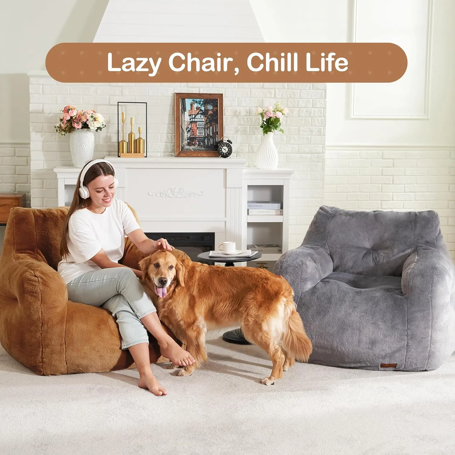 Hobestluk Bean Bag Chair for Adult Small Bean Bag Chairs with Arms Furry Beanbag Chair with Foam Filler Stuffed Bean Bag Sofa for Reading in Bedroom Living Room and Dorms(Brown)