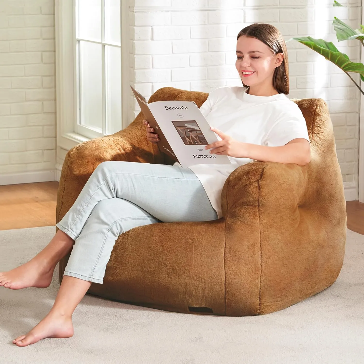 Hobestluk Bean Bag Chair for Adult Small Bean Bag Chairs with Arms Furry Beanbag Chair with Foam Filler Stuffed Bean Bag Sofa for Reading in Bedroom Living Room and Dorms(Brown)