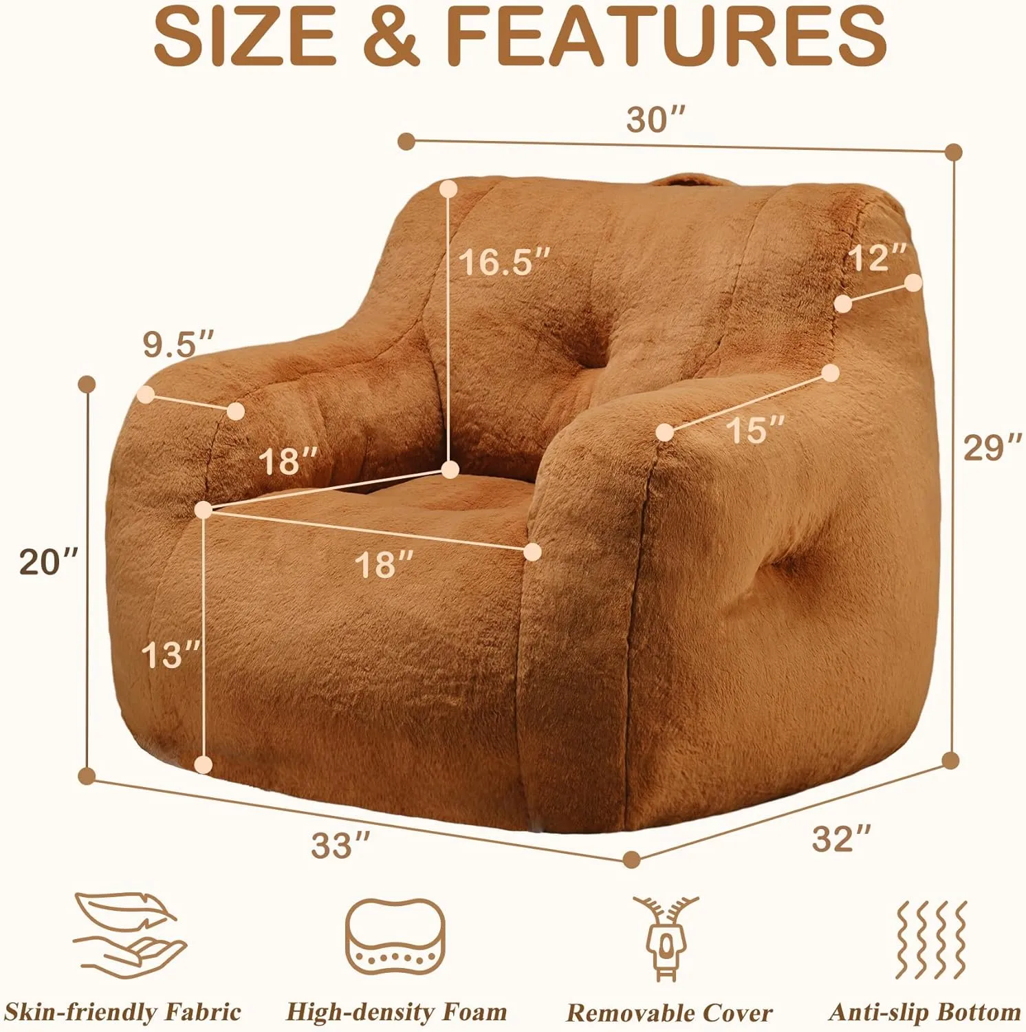 Hobestluk Bean Bag Chair for Adult Small Bean Bag Chairs with Arms Furry Beanbag Chair with Foam Filler Stuffed Bean Bag Sofa for Reading in Bedroom Living Room and Dorms(Brown)