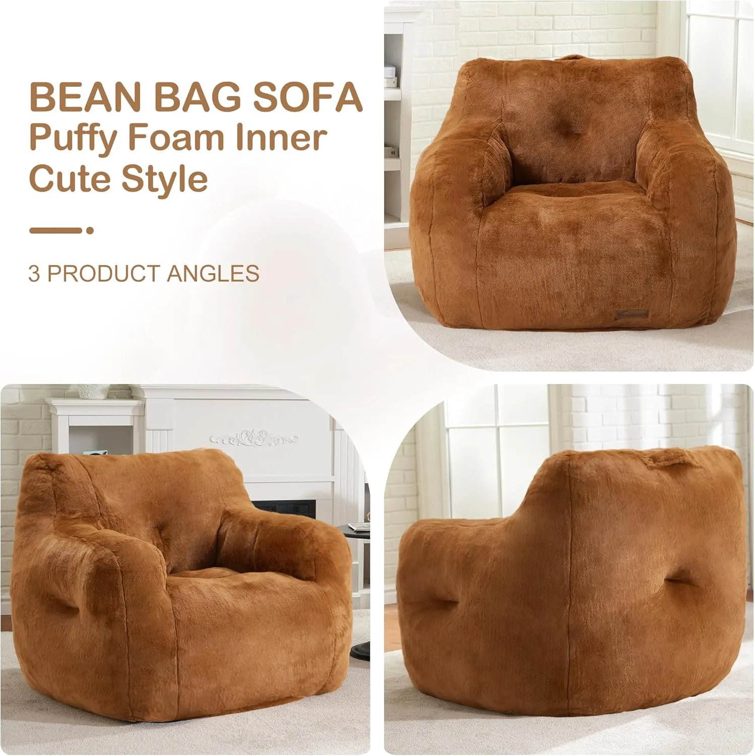 Hobestluk Bean Bag Chair for Adult Small Bean Bag Chairs with Arms Furry Beanbag Chair with Foam Filler Stuffed Bean Bag Sofa for Reading in Bedroom Living Room and Dorms(Brown)