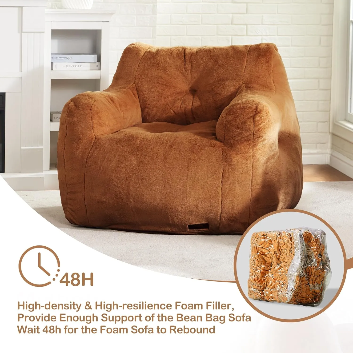 Hobestluk Bean Bag Chair for Adult Small Bean Bag Chairs with Arms Furry Beanbag Chair with Foam Filler Stuffed Bean Bag Sofa for Reading in Bedroom Living Room and Dorms(Brown)
