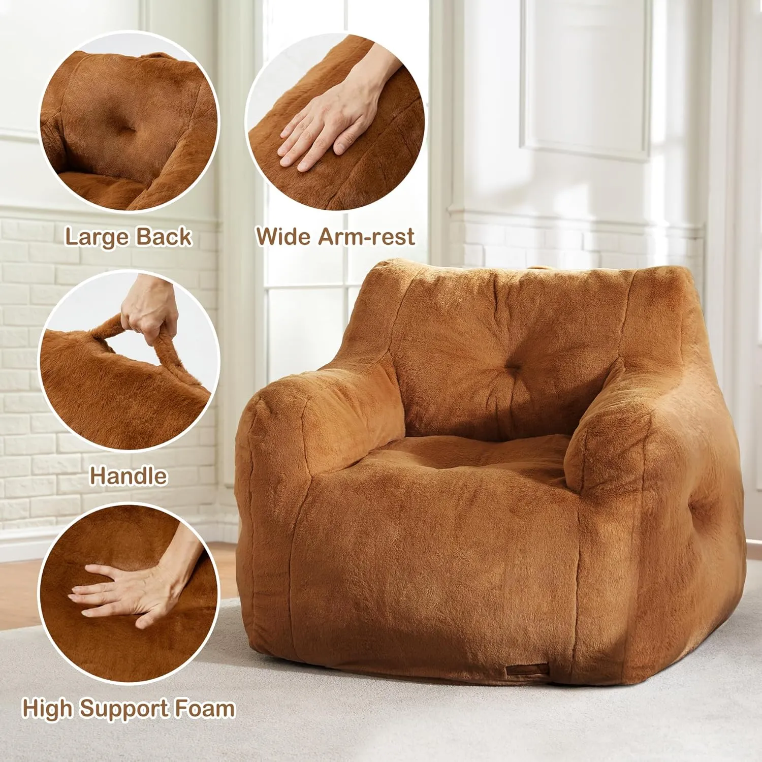 Hobestluk Bean Bag Chair for Adult Small Bean Bag Chairs with Arms Furry Beanbag Chair with Foam Filler Stuffed Bean Bag Sofa for Reading in Bedroom Living Room and Dorms(Brown)