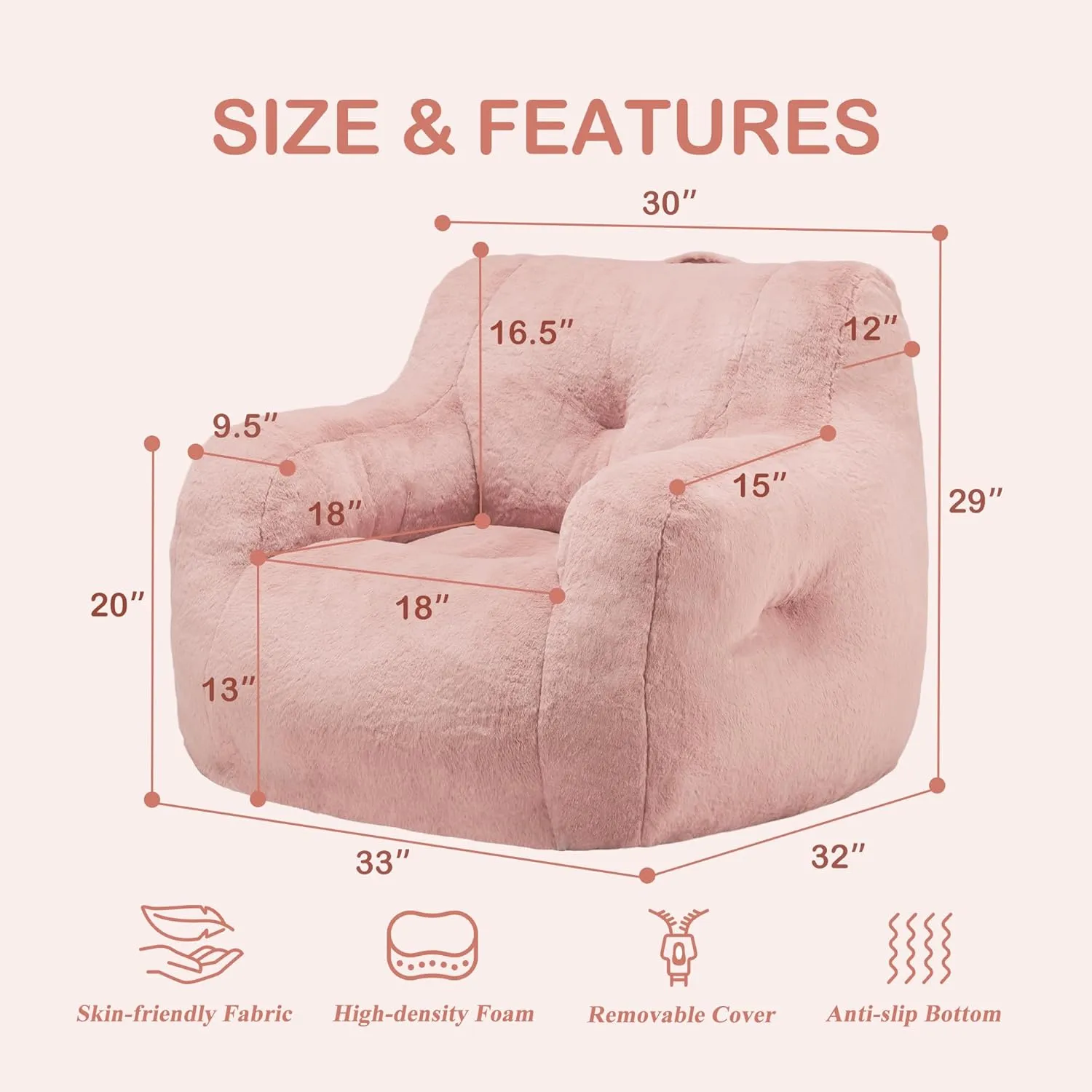 Hobestluk Bean Bag Chair for Adult Small Bean Bag Chairs with Arms Furry Beanbag Chair with Foam Filler Stuffed Bean Bag Sofa for Reading in Bedroom Living Room and Dorms(Pink)