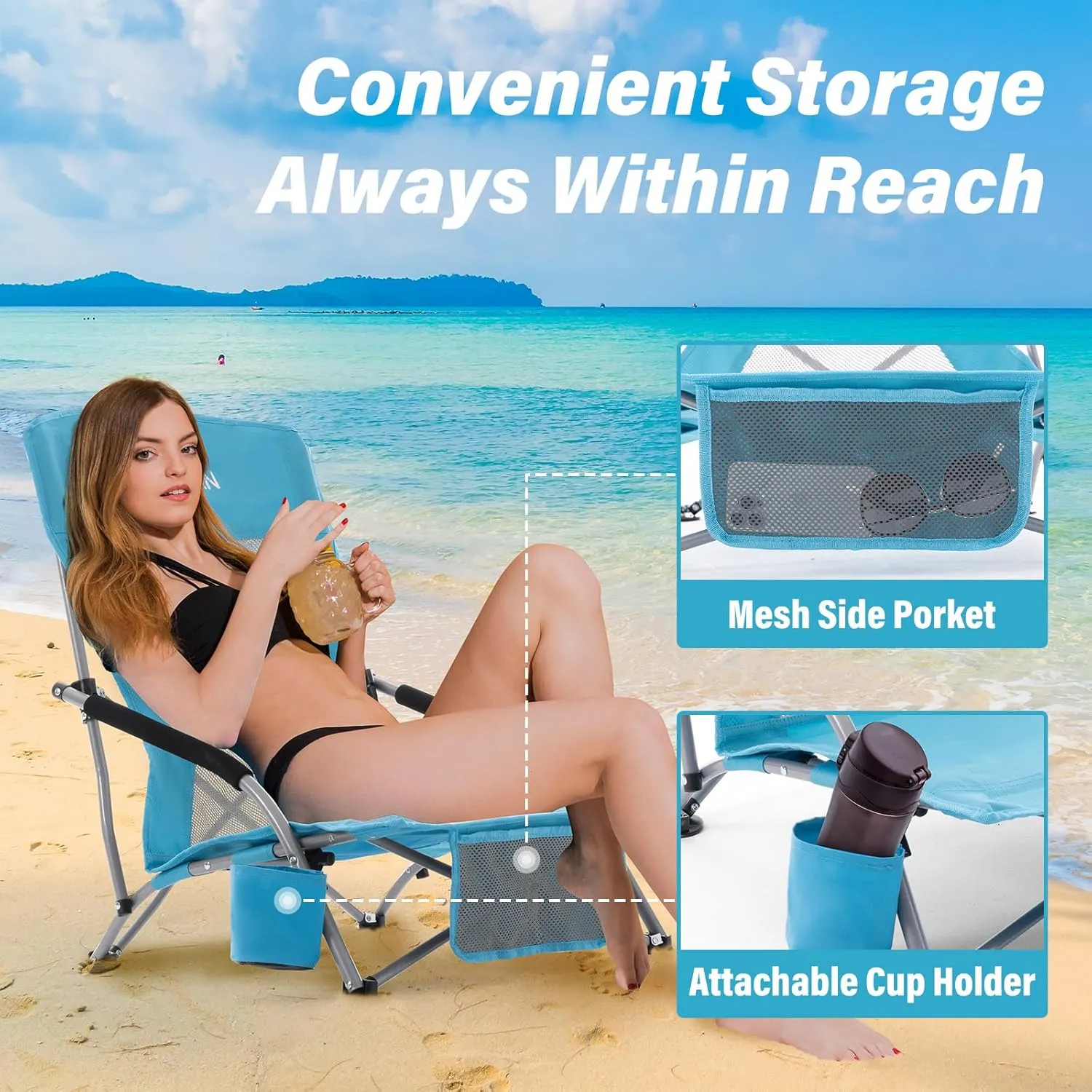 Homcosan Portable Low Folding Beach Chair - Lightweight Camping Chair for Adults with Cup Holder & Storage Pocket, Carry Bag Included (Blue)