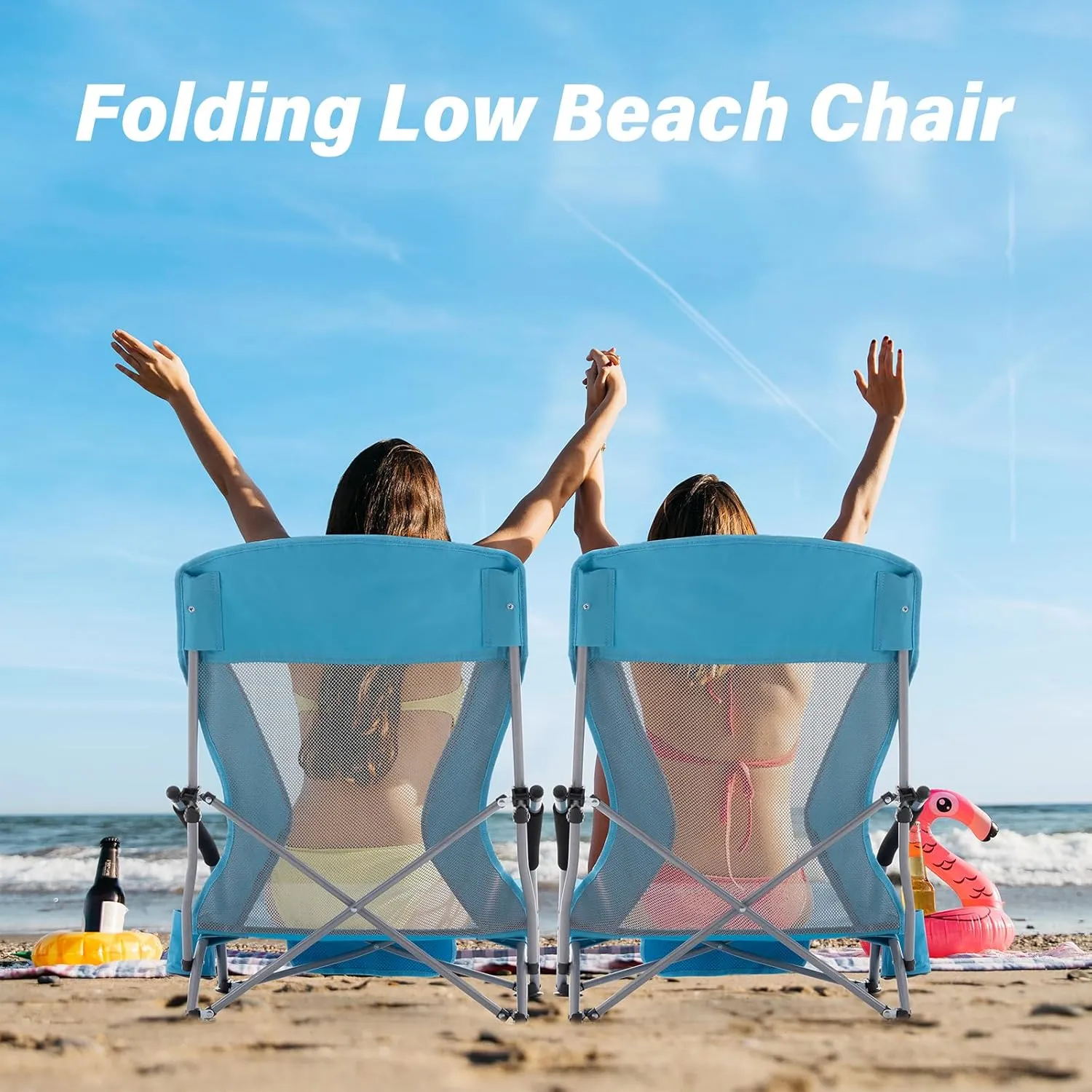 Homcosan Portable Low Folding Beach Chair - Lightweight Camping Chair for Adults with Cup Holder & Storage Pocket, Carry Bag Included (Blue)