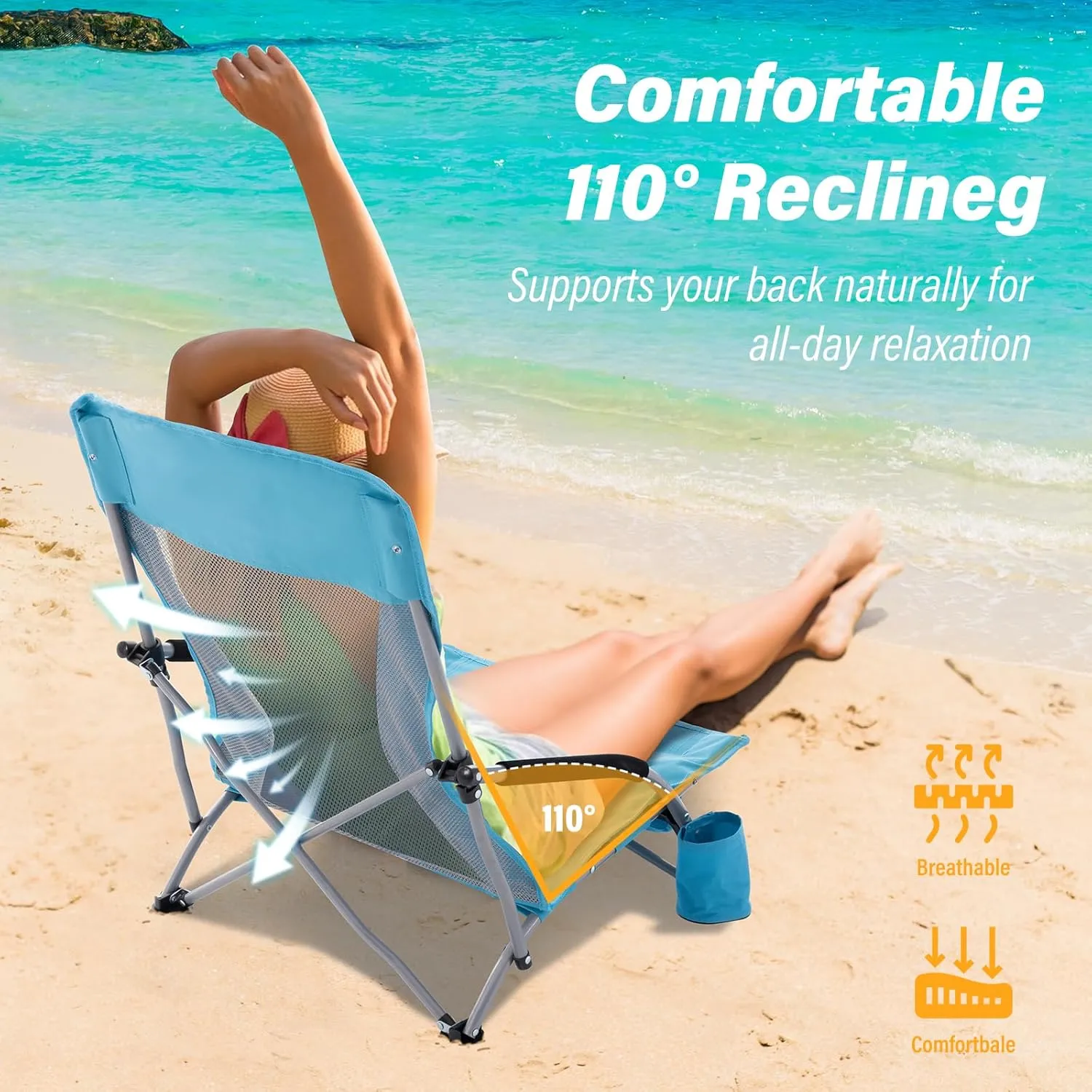 Homcosan Portable Low Folding Beach Chair - Lightweight Camping Chair for Adults with Cup Holder & Storage Pocket, Carry Bag Included (Blue)