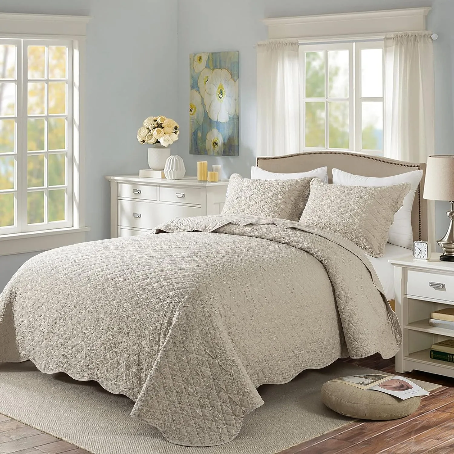 HoneiLife Queen Quilt Bedding Set - 3 Pieces Washed Microfiber Quilt Sets Lightweight Bedspreads Ultra Soft Coverlets Retro Bed Cover Crinkled Bedding Set All Season Quilts-Sandy