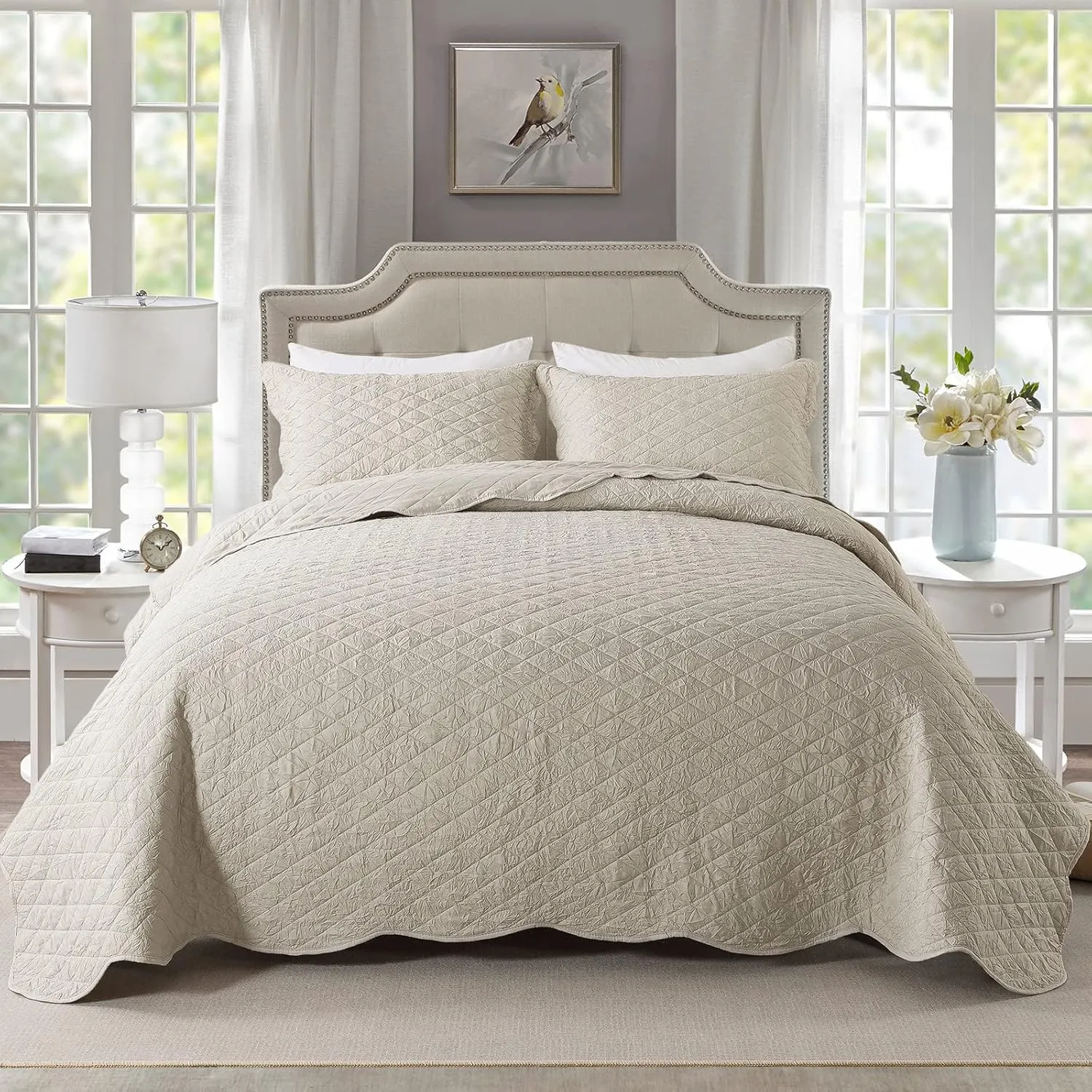 HoneiLife Queen Quilt Bedding Set - 3 Pieces Washed Microfiber Quilt Sets Lightweight Bedspreads Ultra Soft Coverlets Retro Bed Cover Crinkled Bedding Set All Season Quilts-Sandy
