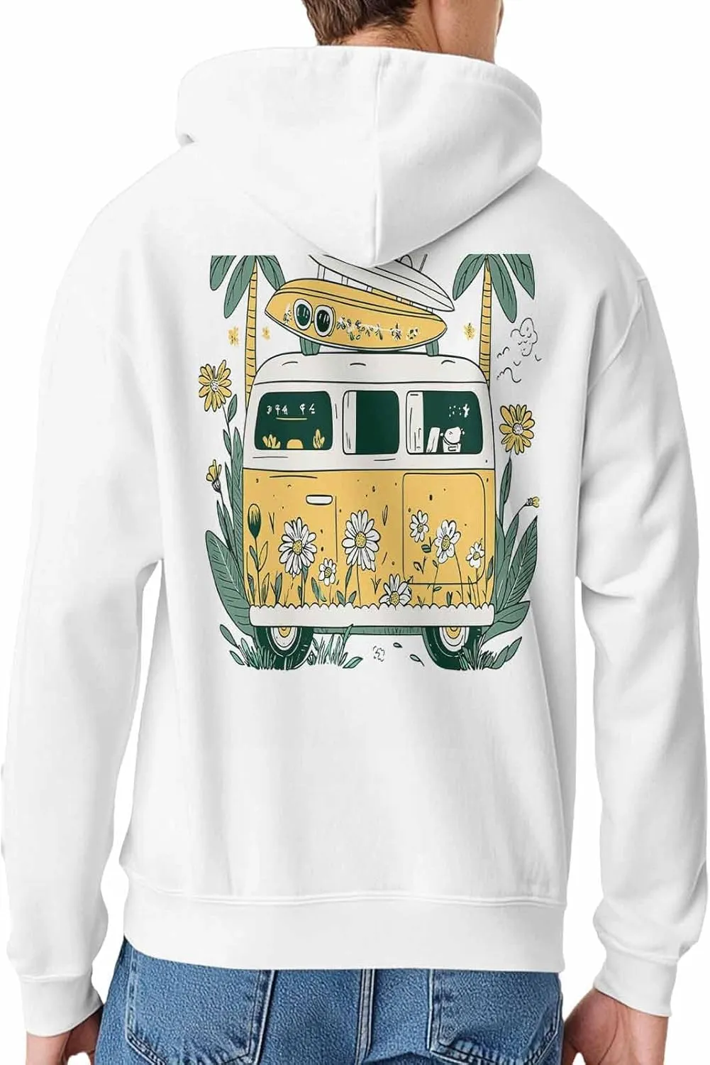 Hoodies for Men Campervan Surfboard Flower Printed Sweatshirt HoodieDrawstring Long Sleeve Streetwear Hooded Pullover