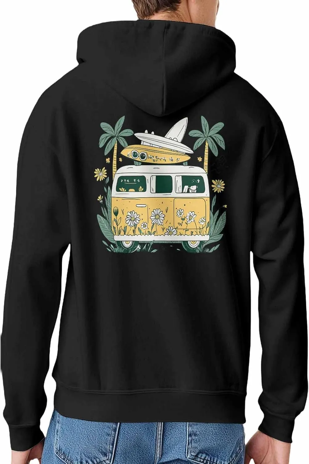 Hoodies for Men Campervan Surfboard Flower Printed Sweatshirt HoodieDrawstring Long Sleeve Streetwear Hooded Pullover