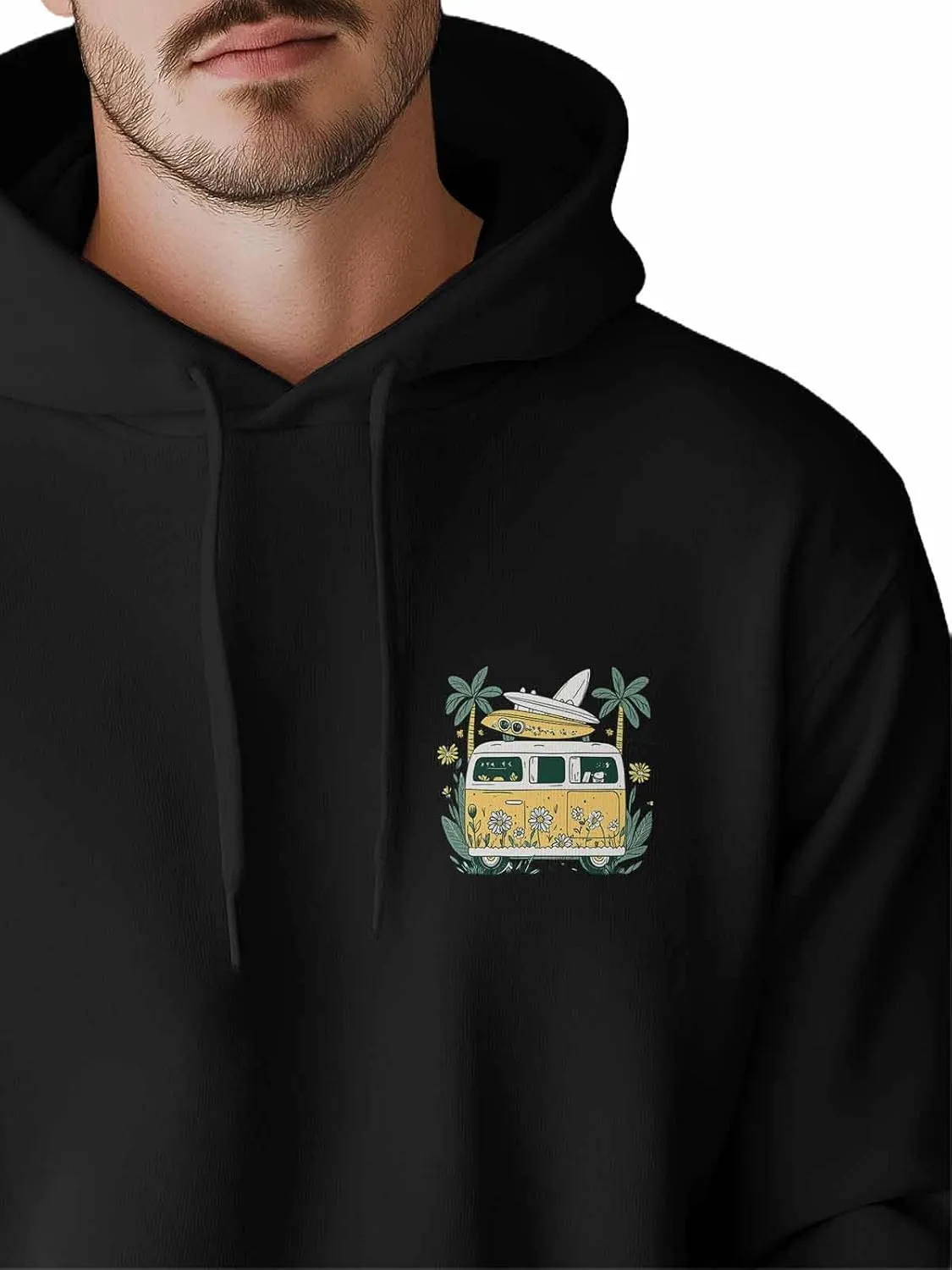 Hoodies for Men Campervan Surfboard Flower Printed Sweatshirt HoodieDrawstring Long Sleeve Streetwear Hooded Pullover