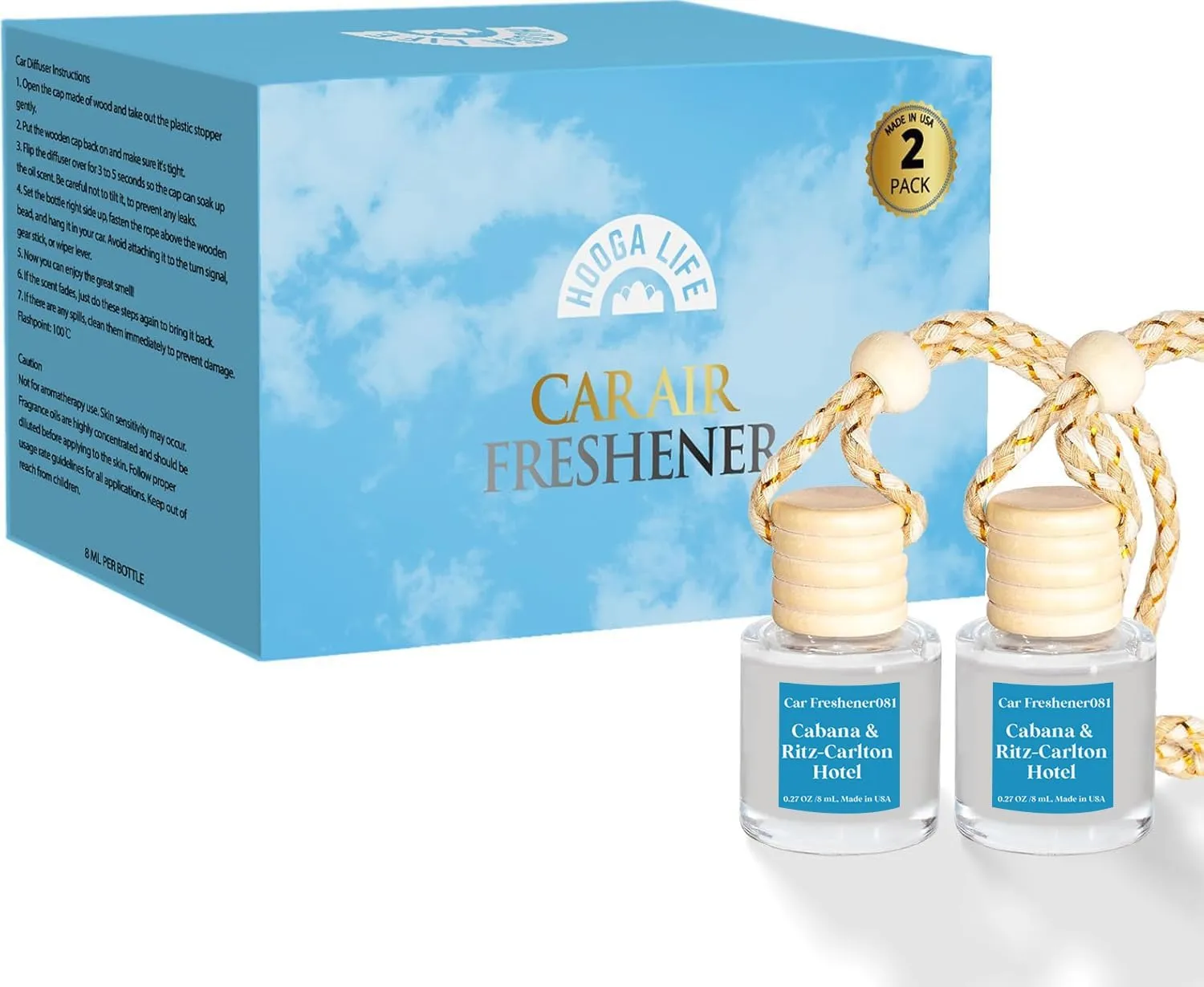 HoogaLife Car Air Freshener Hanging 2 Pack - Hotel Collection Diffuser Oil Inspired by Cabana & Ritz-Carlton Hotel - NO.1012 Fragrance Oil Air Diffuser for Car, Car Fresheners for Women Made in USA