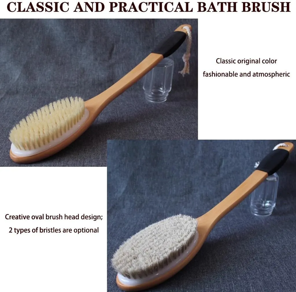 Household Solid Wood Bath Brush with Long Handle, Massage Cleansing Body Scrubber, Back Exfoliation, Hard and Soft Bristles Optional(Original Color B)