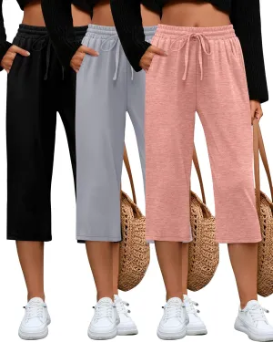 Huukeay 3 Pack Women's Capri Sweatpants, Cozy Lounge Drawstring Capris with Pockets Wide Legs Jogger Workout Yoga Pants