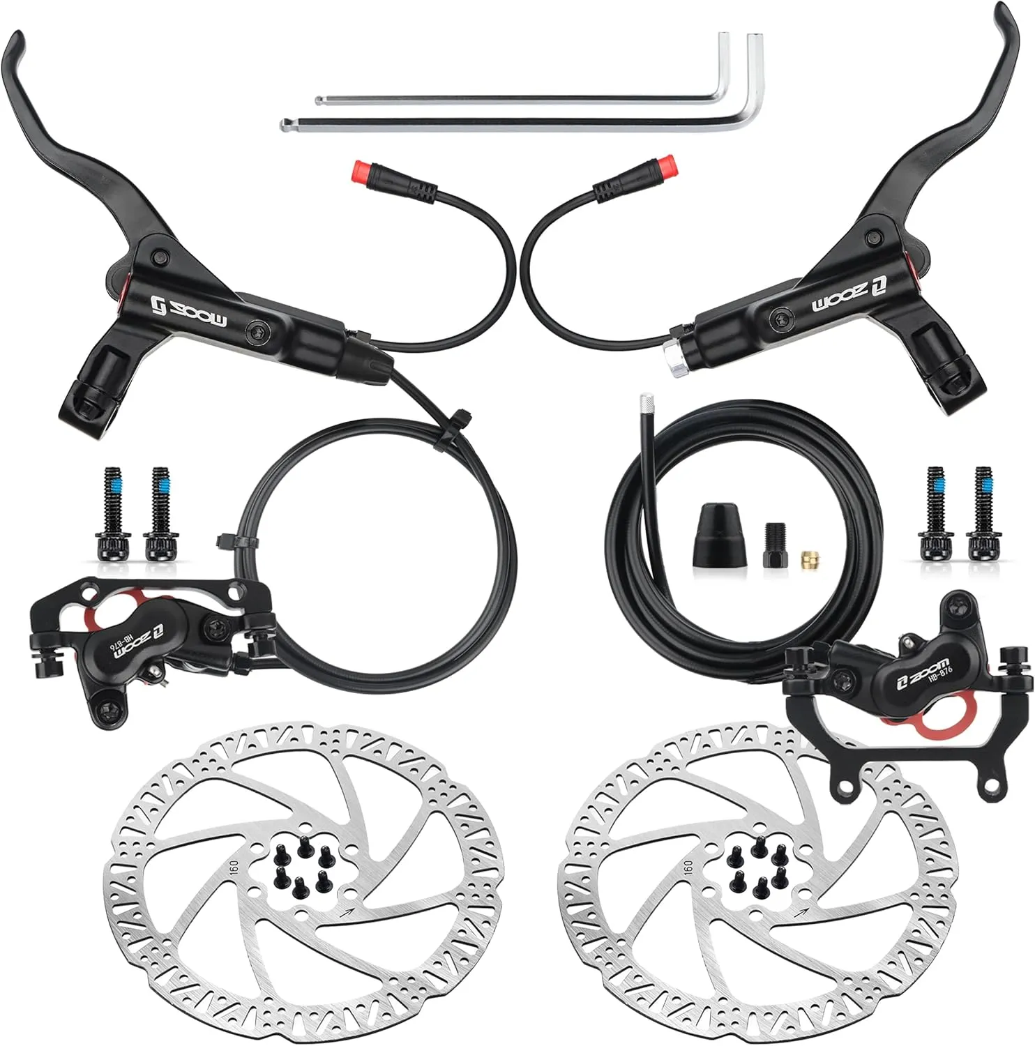 Hycline 4-Pistons Ebike Hydraulic Brake Set: Zoom H876E 2-PIN Power-Off Electric Bike Disc Brake Kit Included 160mm/180mm Rotors and Mounting Adapter