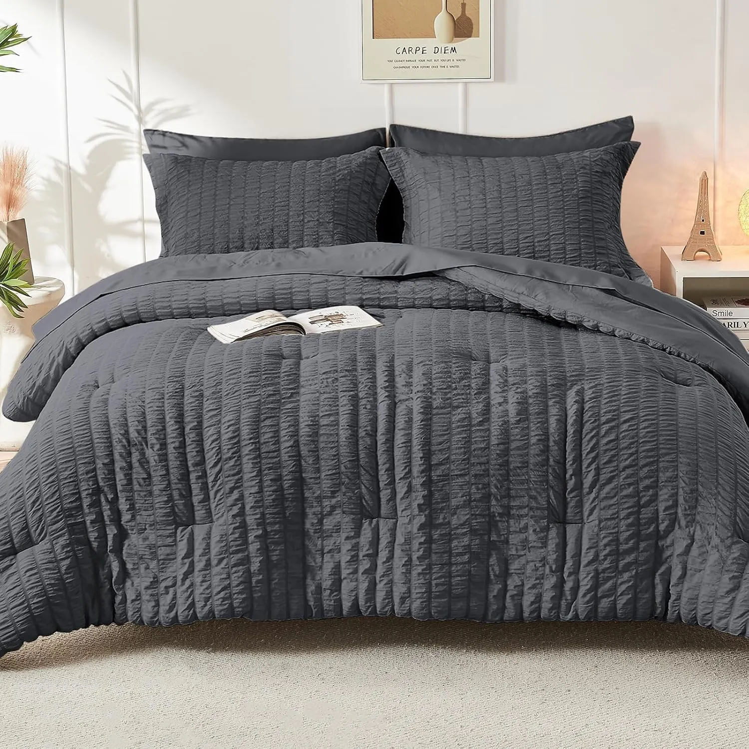HYMOKEGE 7 Piece King Size Comforter Set Seersucker, All Season Luxury Bed in a Bag for Bedroom, Bedding Set with Comforters, Sheets, Pillowcases & Shams, Dark Grey
