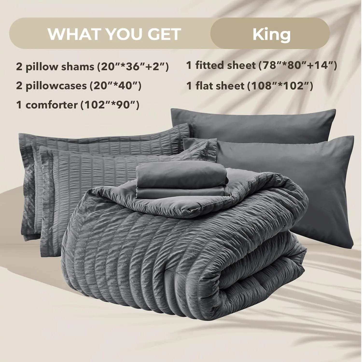 HYMOKEGE 7 Piece King Size Comforter Set Seersucker, All Season Luxury Bed in a Bag for Bedroom, Bedding Set with Comforters, Sheets, Pillowcases & Shams, Dark Grey