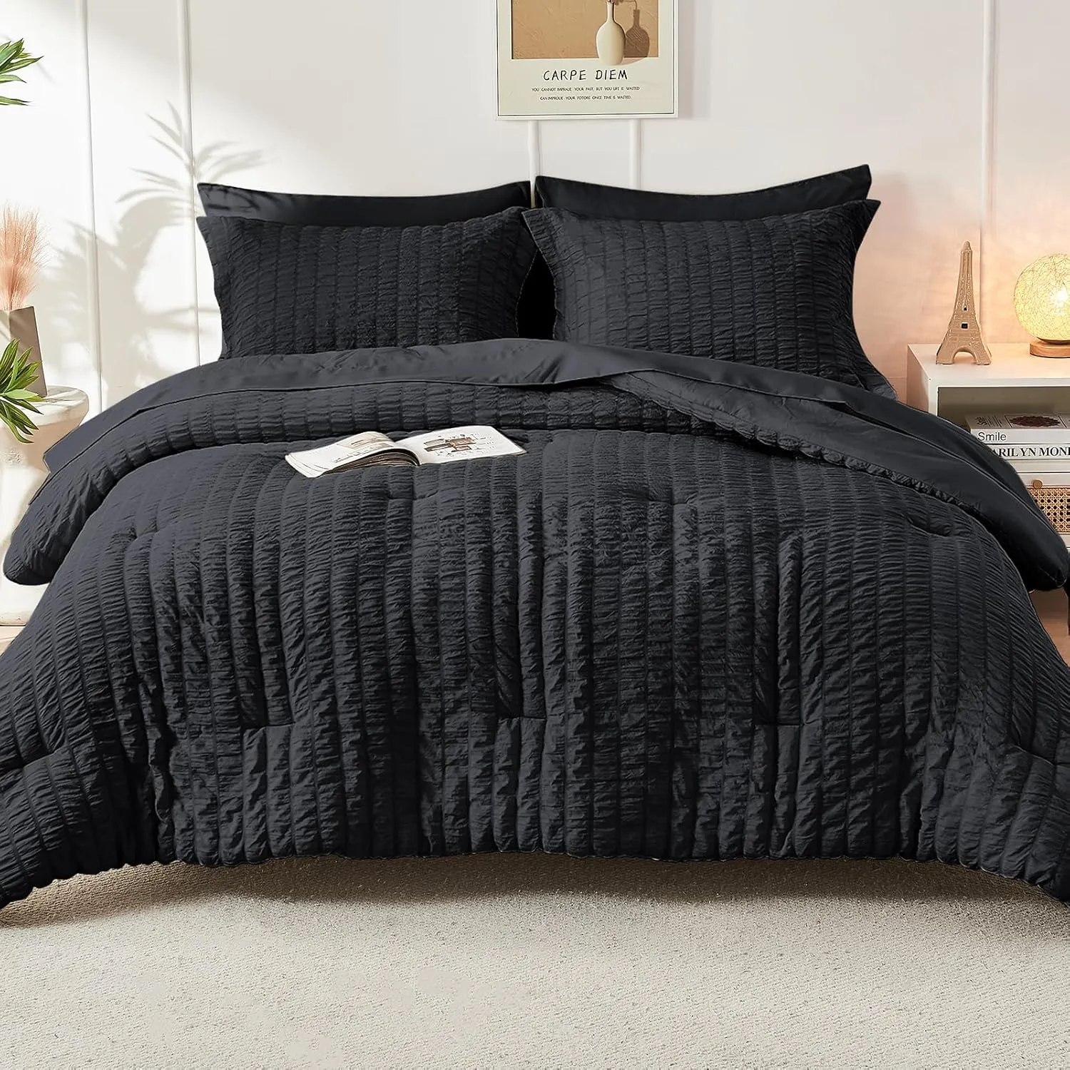 HYMOKEGE Black Full Size Comforter Sets Seersucker 7 Pieces, All Season Luxury Bed in a Bag for Bedroom, Bedding Set with Comforters, Sheets, Pillowcases & Shams