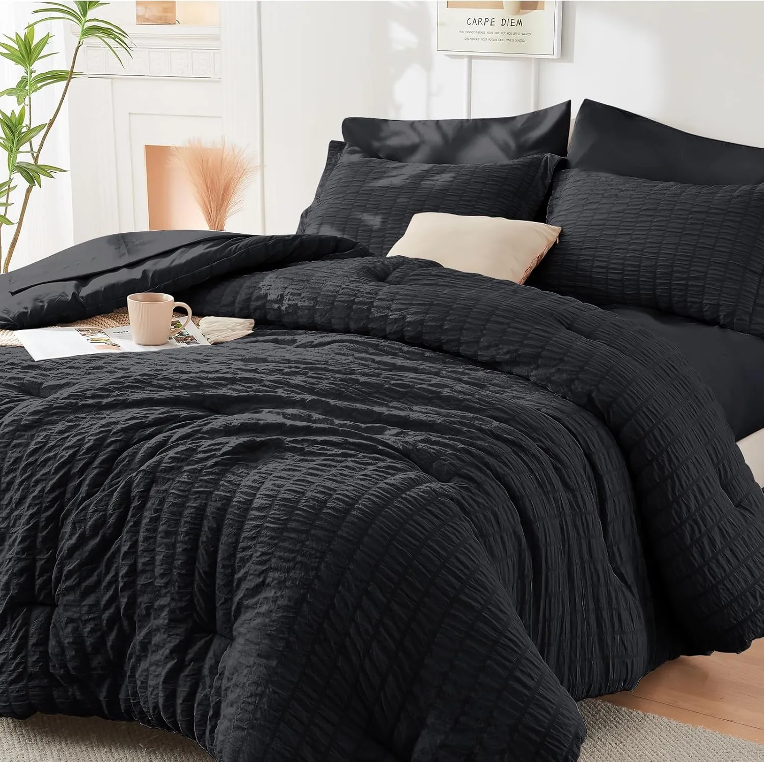 HYMOKEGE Black Full Size Comforter Sets Seersucker 7 Pieces, All Season Luxury Bed in a Bag for Bedroom, Bedding Set with Comforters, Sheets, Pillowcases & Shams