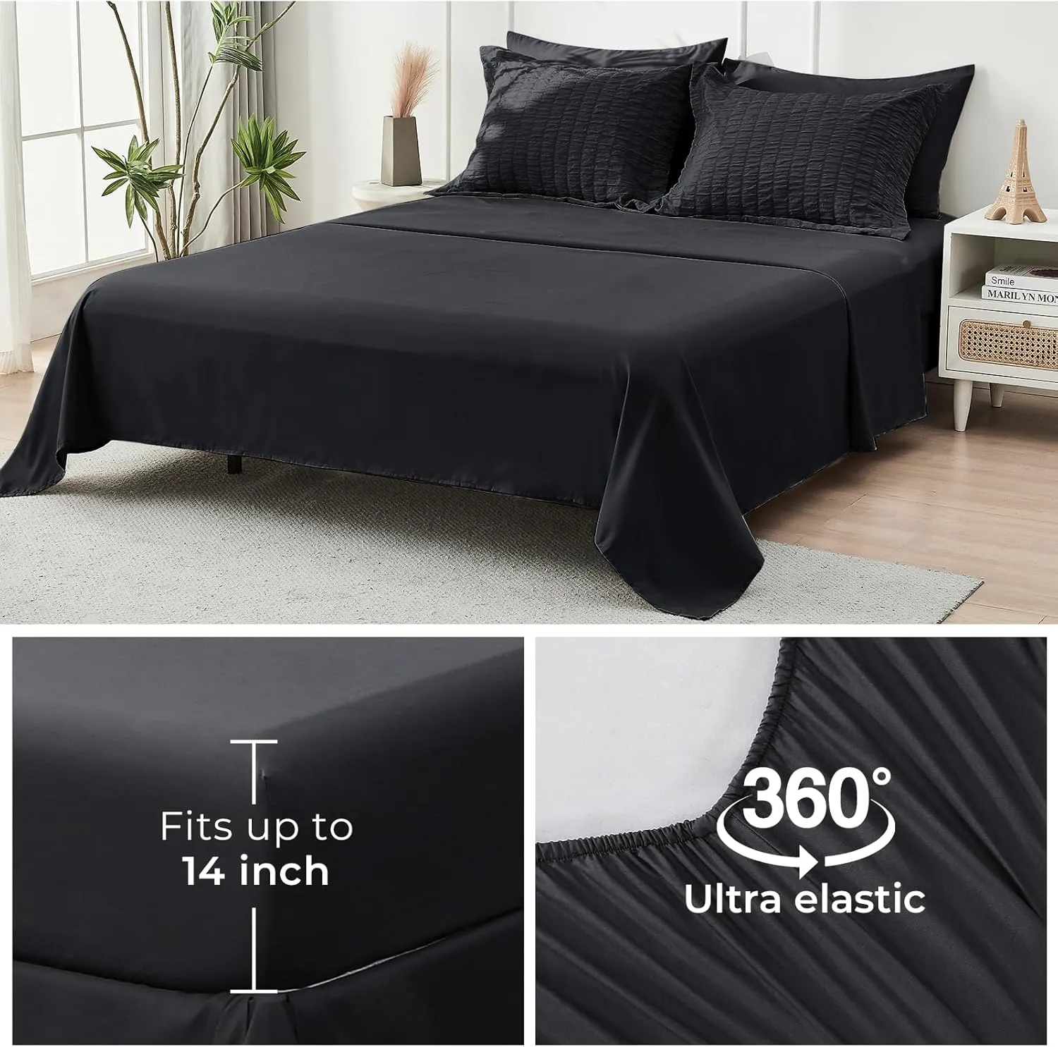 HYMOKEGE Black Full Size Comforter Sets Seersucker 7 Pieces, All Season Luxury Bed in a Bag for Bedroom, Bedding Set with Comforters, Sheets, Pillowcases & Shams