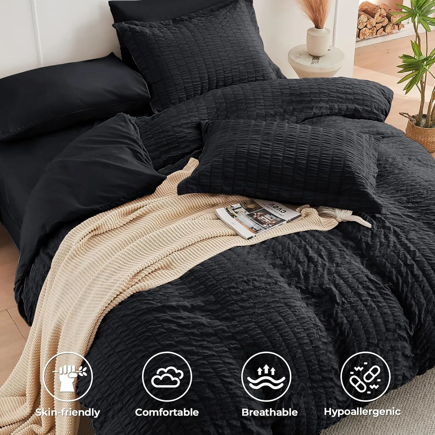 HYMOKEGE Black Full Size Comforter Sets Seersucker 7 Pieces, All Season Luxury Bed in a Bag for Bedroom, Bedding Set with Comforters, Sheets, Pillowcases & Shams