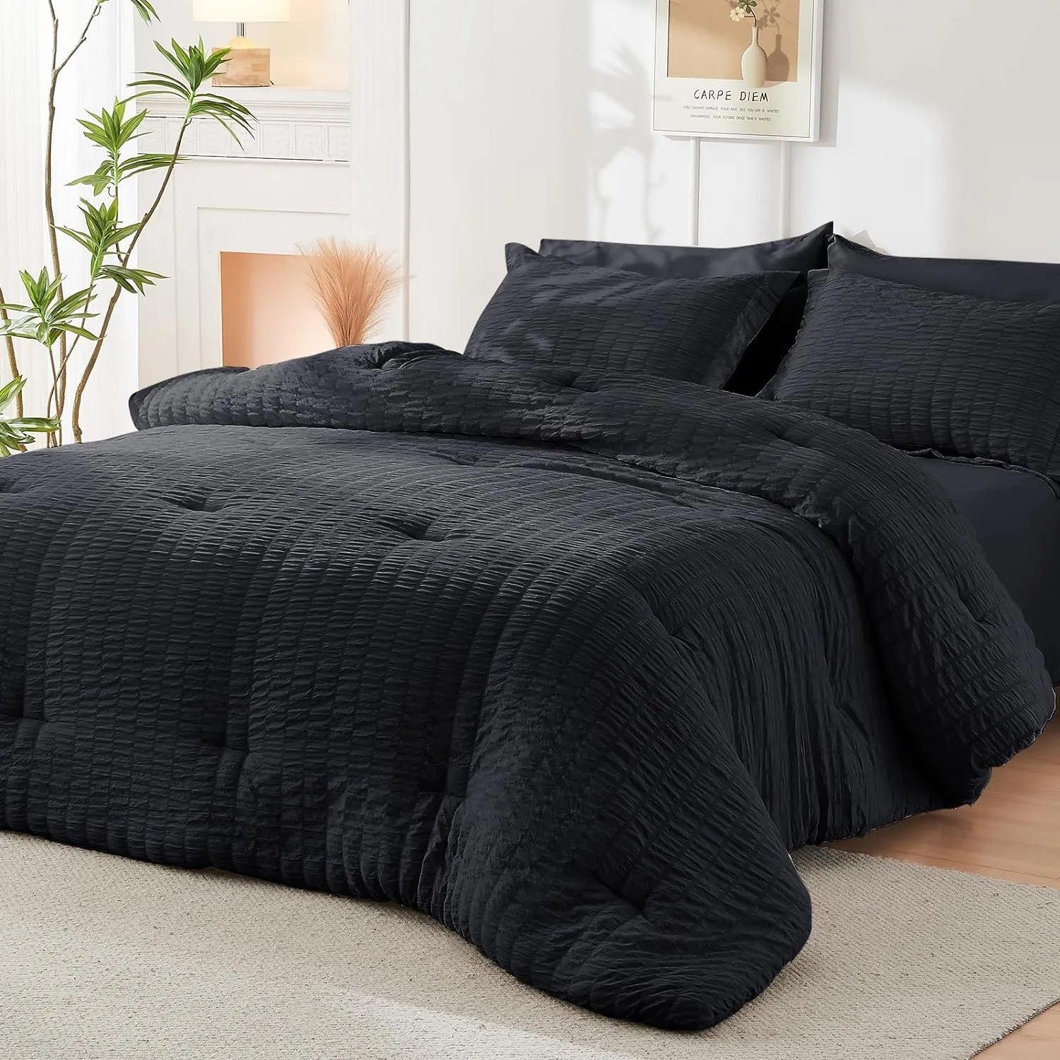 HYMOKEGE Black Full Size Comforter Sets Seersucker 7 Pieces, All Season Luxury Bed in a Bag for Bedroom, Bedding Set with Comforters, Sheets, Pillowcases & Shams