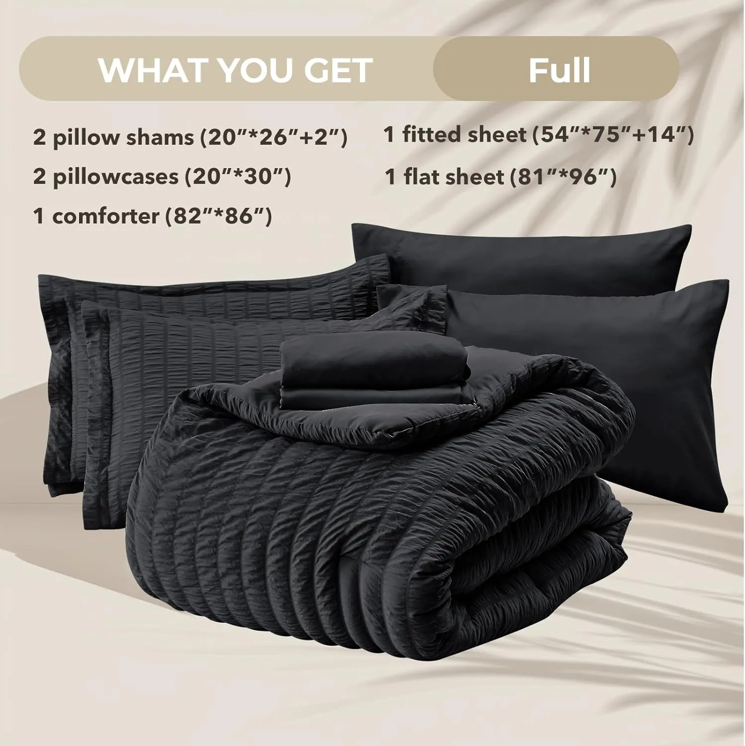 HYMOKEGE Black Full Size Comforter Sets Seersucker 7 Pieces, All Season Luxury Bed in a Bag for Bedroom, Bedding Set with Comforters, Sheets, Pillowcases & Shams