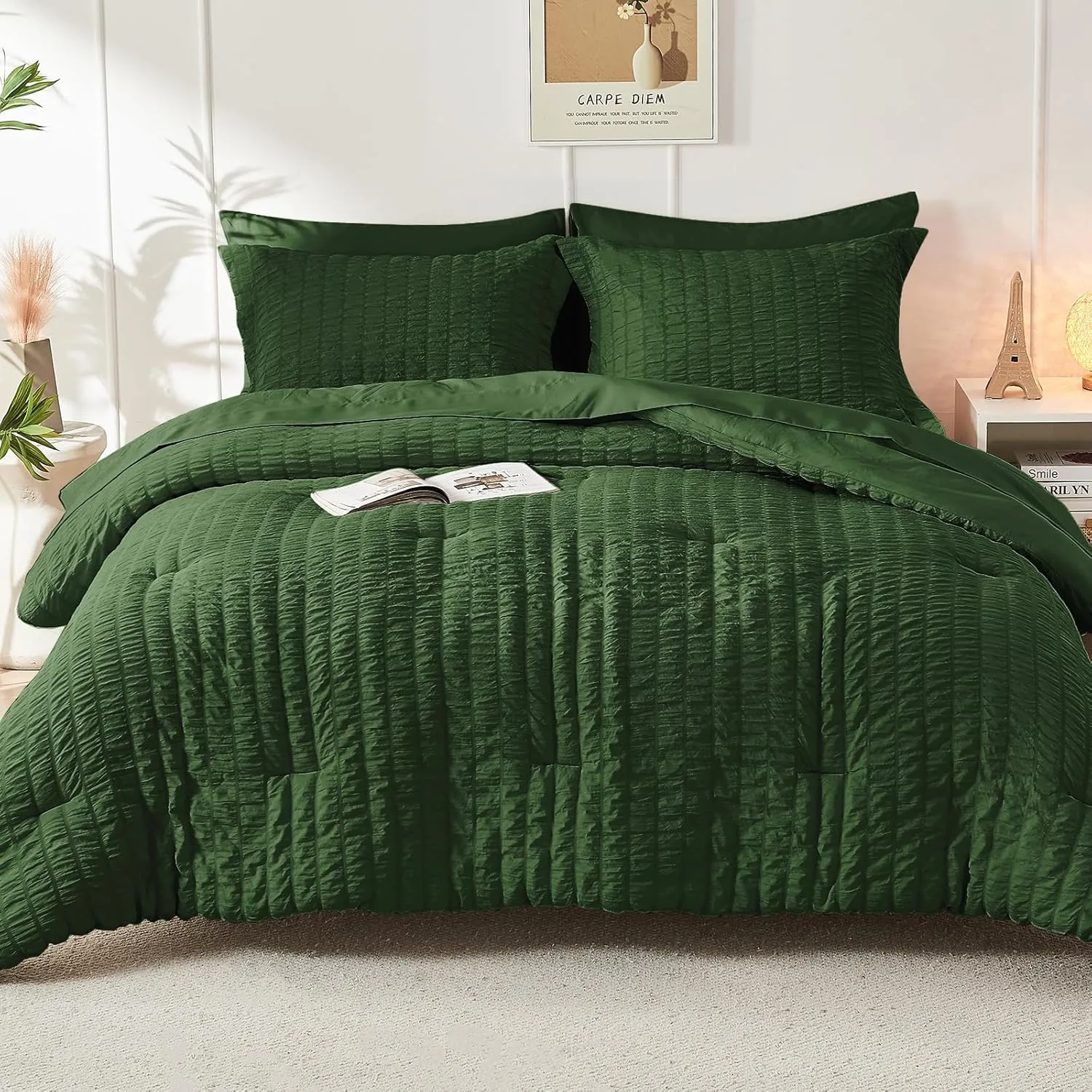 HYMOKEGE Dark Green Full Size Comforter Sets Seersucker 7 Pieces, All Season Luxury Bed in a Bag for Bedroom, Bedding Set with Comforters, Sheets, Pillowcases & Shams