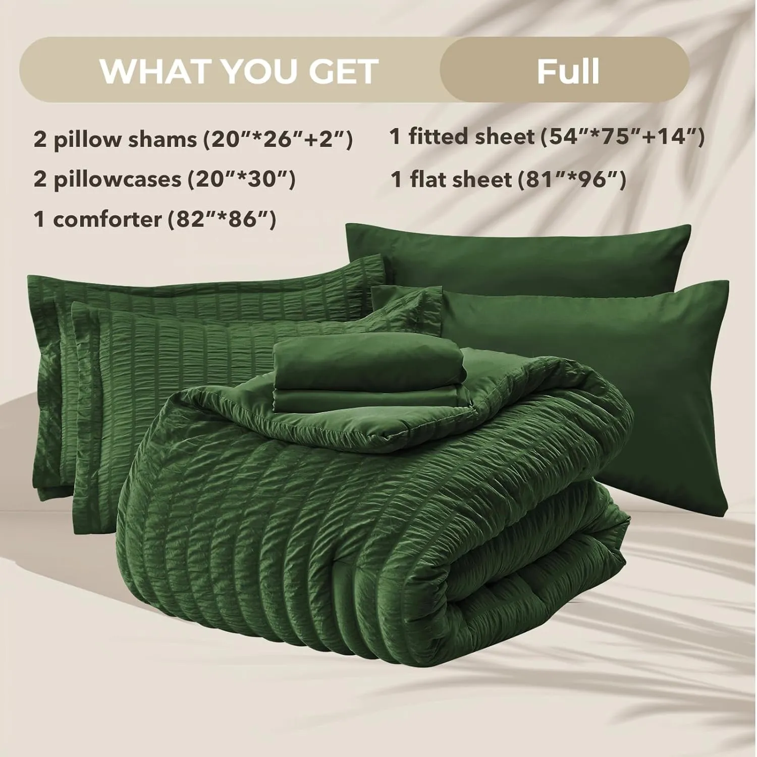 HYMOKEGE Dark Green Full Size Comforter Sets Seersucker 7 Pieces, All Season Luxury Bed in a Bag for Bedroom, Bedding Set with Comforters, Sheets, Pillowcases & Shams