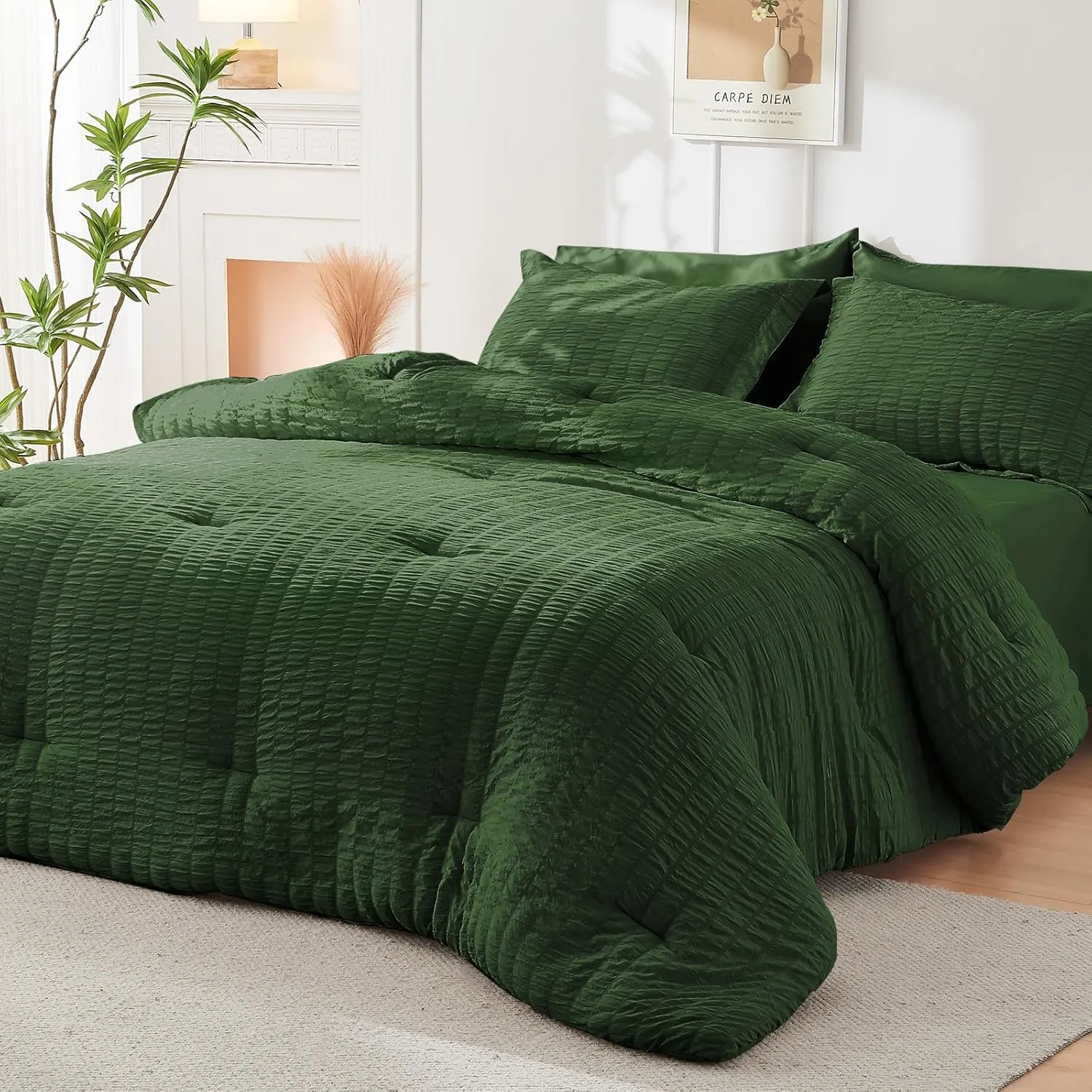 HYMOKEGE Dark Green Full Size Comforter Sets Seersucker 7 Pieces, All Season Luxury Bed in a Bag for Bedroom, Bedding Set with Comforters, Sheets, Pillowcases & Shams