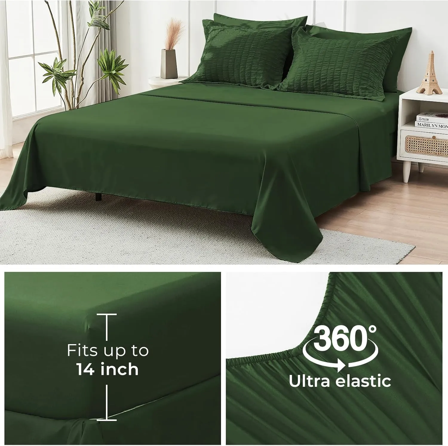 HYMOKEGE Dark Green Full Size Comforter Sets Seersucker 7 Pieces, All Season Luxury Bed in a Bag for Bedroom, Bedding Set with Comforters, Sheets, Pillowcases & Shams