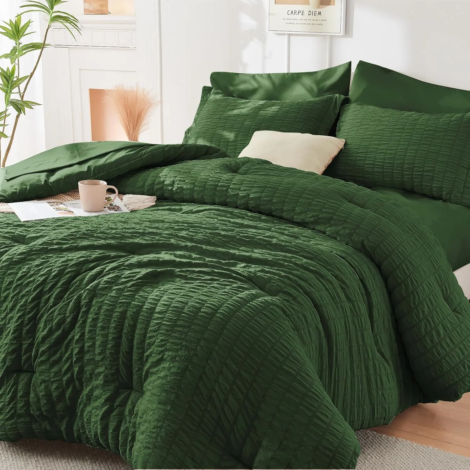 HYMOKEGE Dark Green Full Size Comforter Sets Seersucker 7 Pieces, All Season Luxury Bed in a Bag for Bedroom, Bedding Set with Comforters, Sheets, Pillowcases & Shams