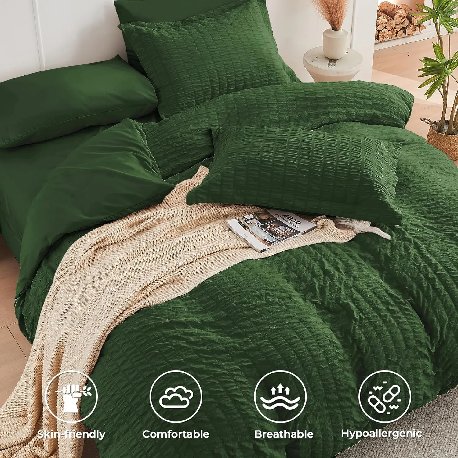 HYMOKEGE Dark Green Full Size Comforter Sets Seersucker 7 Pieces, All Season Luxury Bed in a Bag for Bedroom, Bedding Set with Comforters, Sheets, Pillowcases & Shams