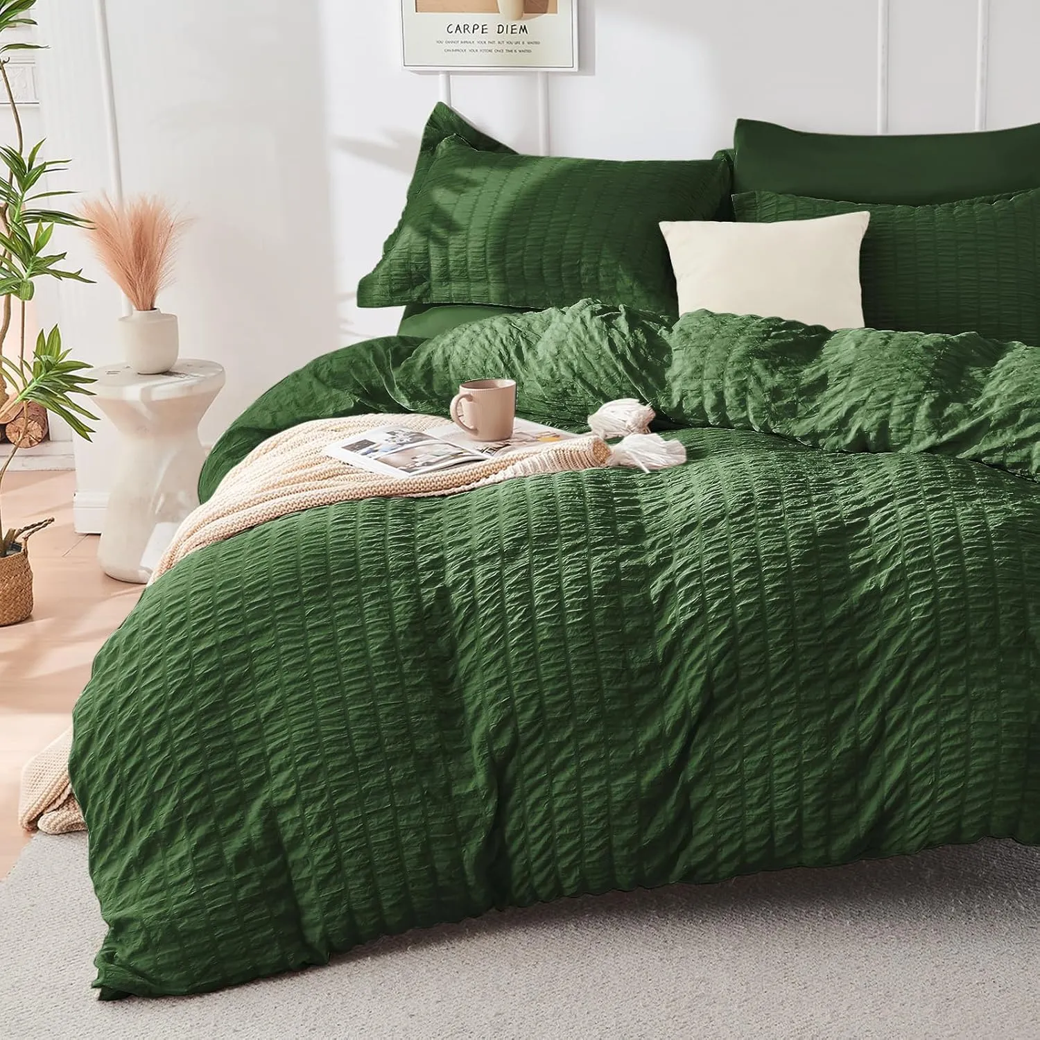HYMOKEGE Dark Green Full Size Comforter Sets Seersucker 7 Pieces, All Season Luxury Bed in a Bag for Bedroom, Bedding Set with Comforters, Sheets, Pillowcases & Shams