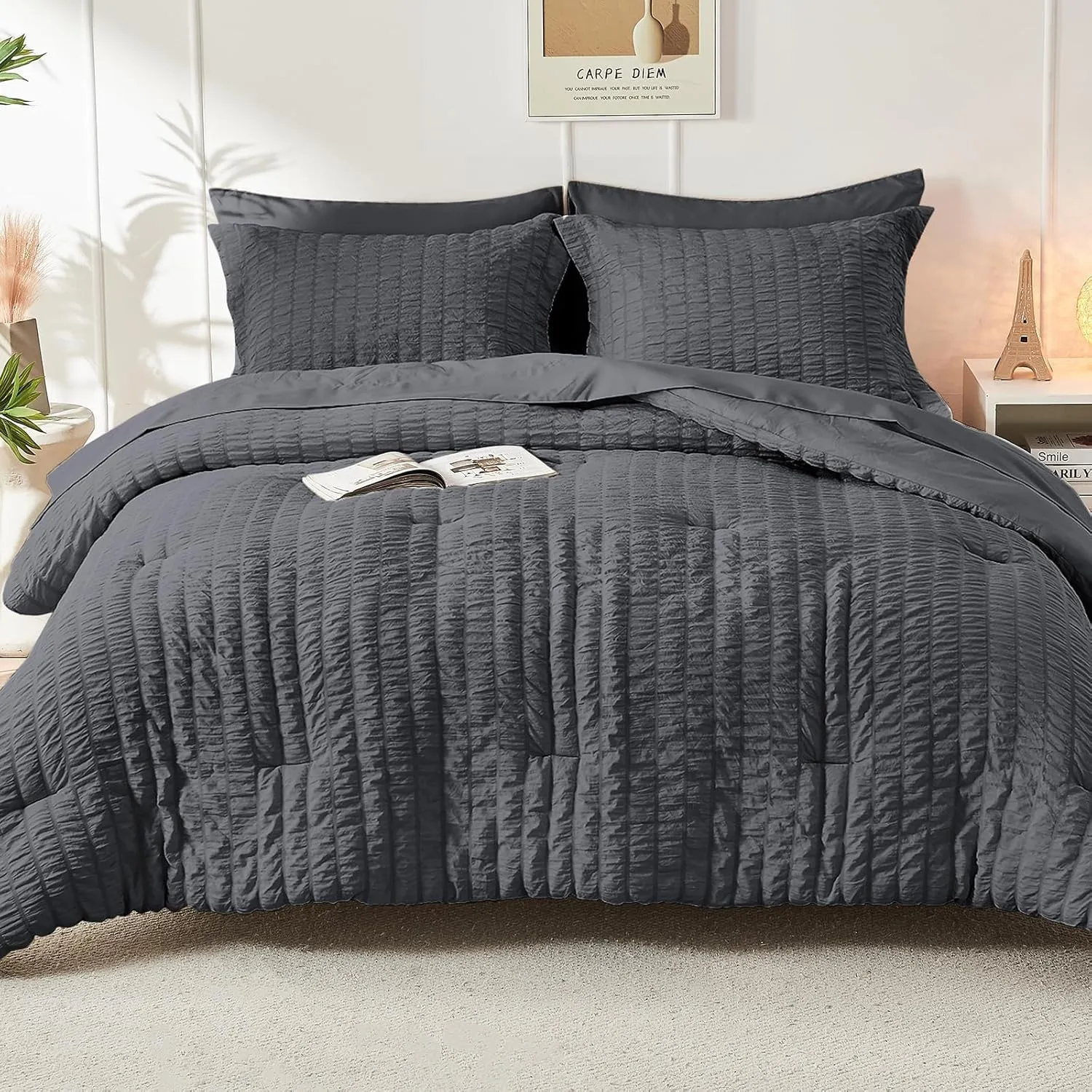 HYMOKEGE Full Size Comforter Sets Seersucker 7 Pieces, All Season Luxury Bed in a Bag for Bedroom, Bedding Set with Comforters, Sheets, Pillowcases & Shams, Dark Grey