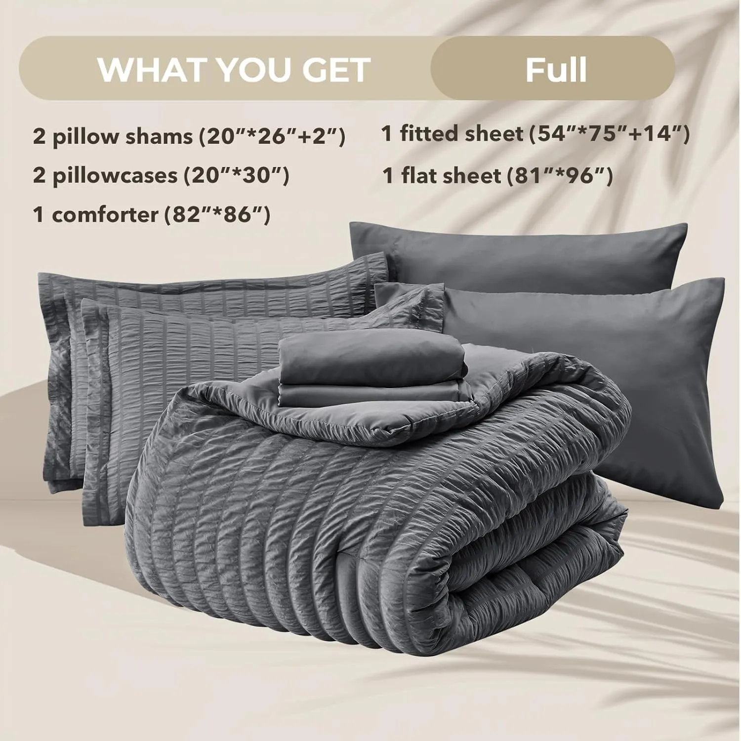 HYMOKEGE Full Size Comforter Sets Seersucker 7 Pieces, All Season Luxury Bed in a Bag for Bedroom, Bedding Set with Comforters, Sheets, Pillowcases & Shams, Dark Grey