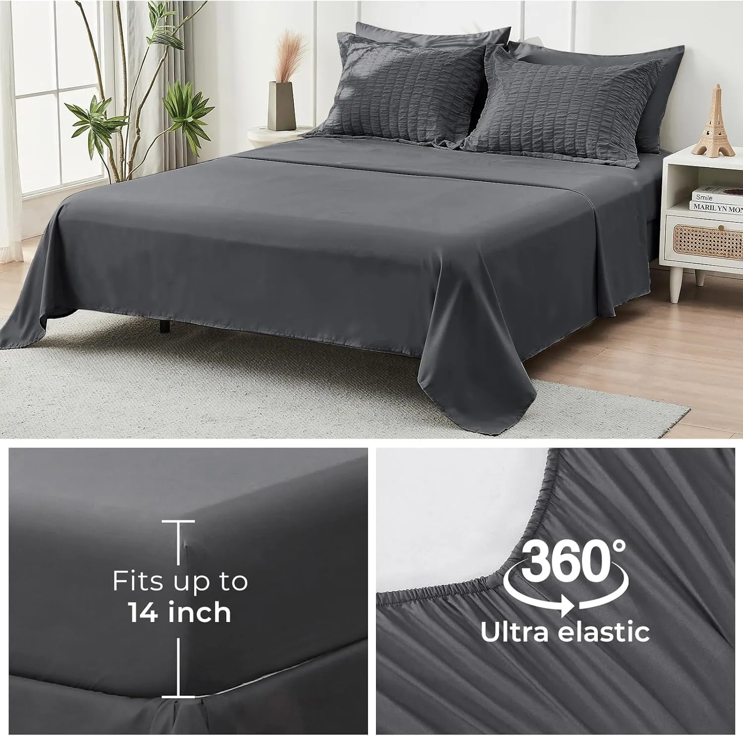 HYMOKEGE Full Size Comforter Sets Seersucker 7 Pieces, All Season Luxury Bed in a Bag for Bedroom, Bedding Set with Comforters, Sheets, Pillowcases & Shams, Dark Grey