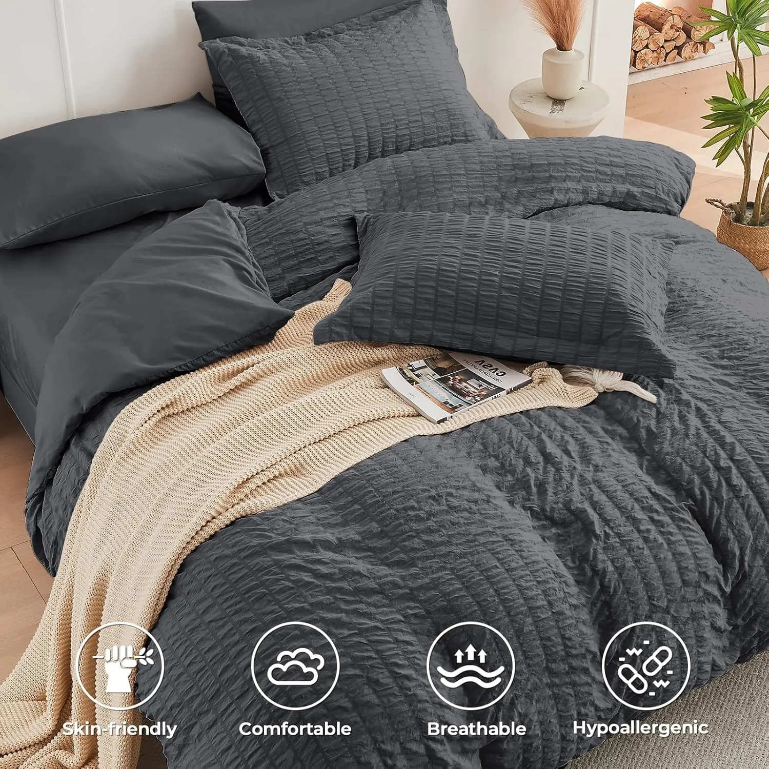 HYMOKEGE Full Size Comforter Sets Seersucker 7 Pieces, All Season Luxury Bed in a Bag for Bedroom, Bedding Set with Comforters, Sheets, Pillowcases & Shams, Dark Grey