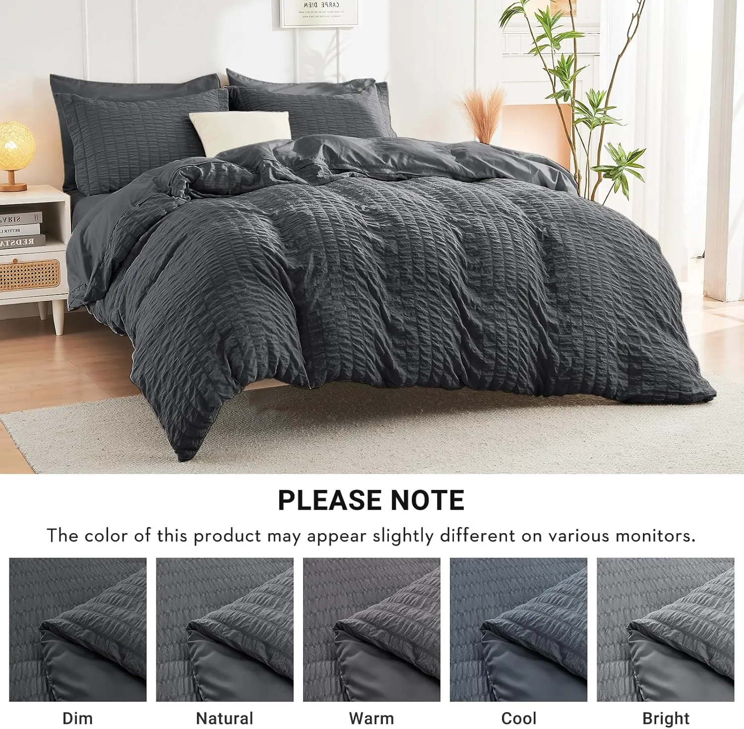 HYMOKEGE Full Size Comforter Sets Seersucker 7 Pieces, All Season Luxury Bed in a Bag for Bedroom, Bedding Set with Comforters, Sheets, Pillowcases & Shams, Dark Grey