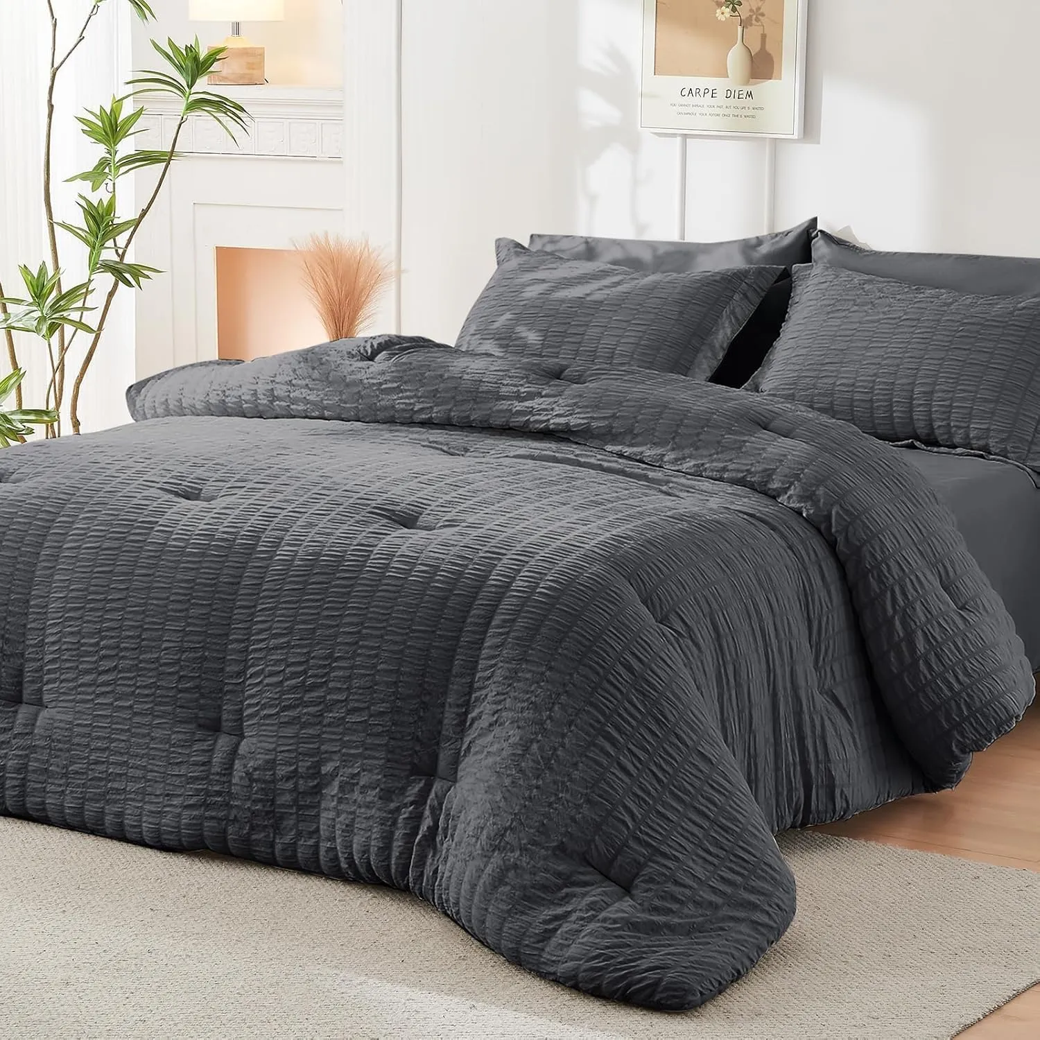 HYMOKEGE Full Size Comforter Sets Seersucker 7 Pieces, All Season Luxury Bed in a Bag for Bedroom, Bedding Set with Comforters, Sheets, Pillowcases & Shams, Dark Grey