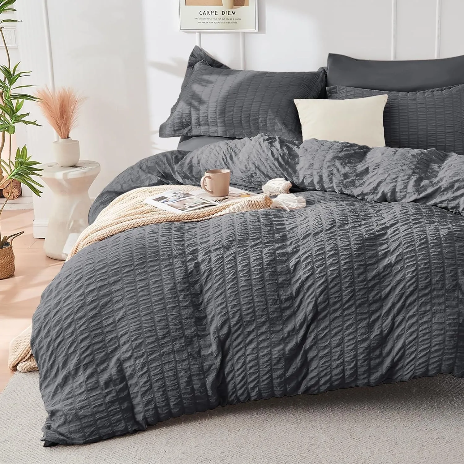 HYMOKEGE Full Size Comforter Sets Seersucker 7 Pieces, All Season Luxury Bed in a Bag for Bedroom, Bedding Set with Comforters, Sheets, Pillowcases & Shams, Dark Grey