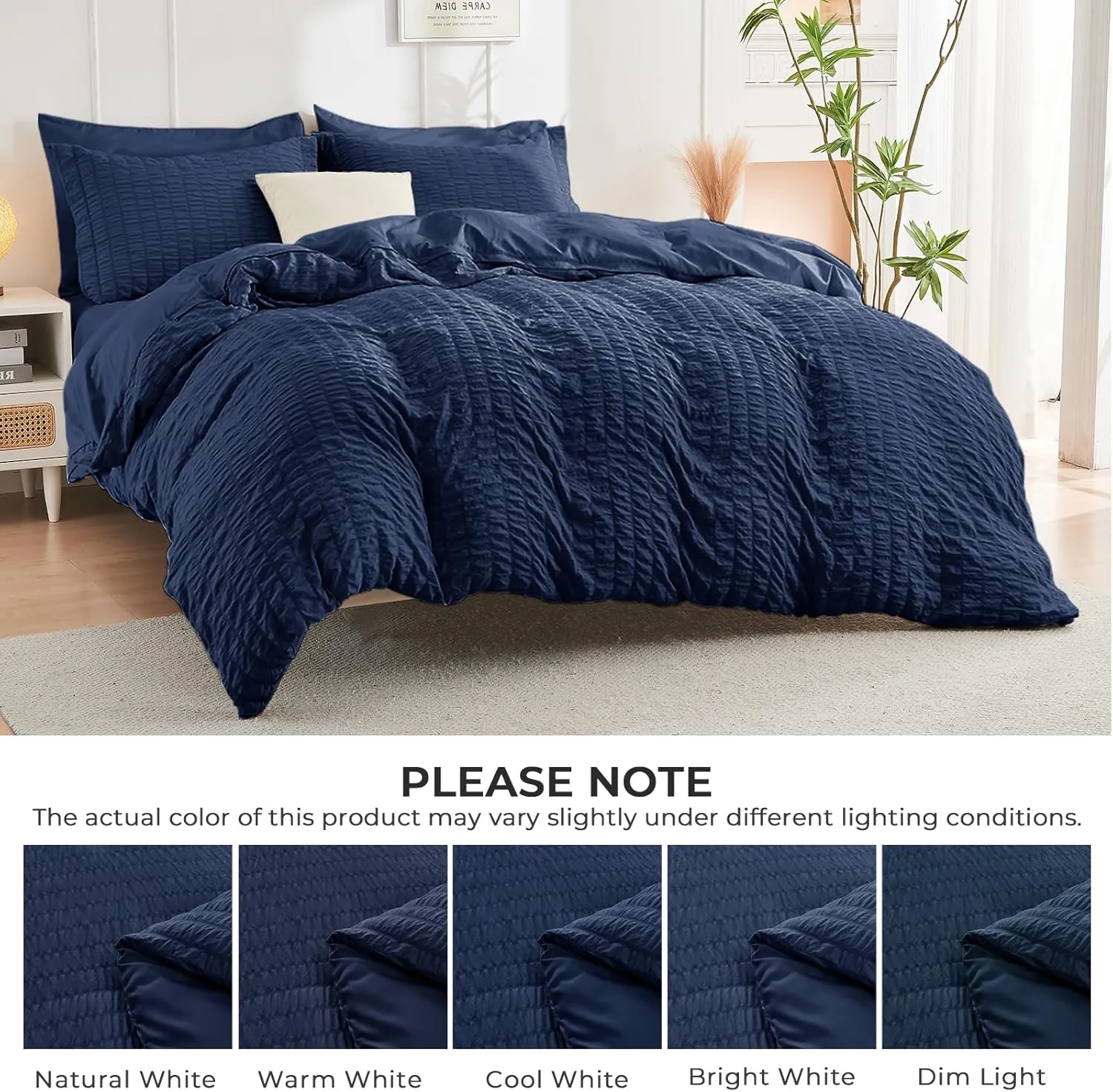 HYMOKEGE Navy Blue Full Size Comforter Sets Seersucker 7 Pieces, All Season Luxury Bed in a Bag for Bedroom, Bedding Set with Comforters, Sheets, Pillowcases & Shams
