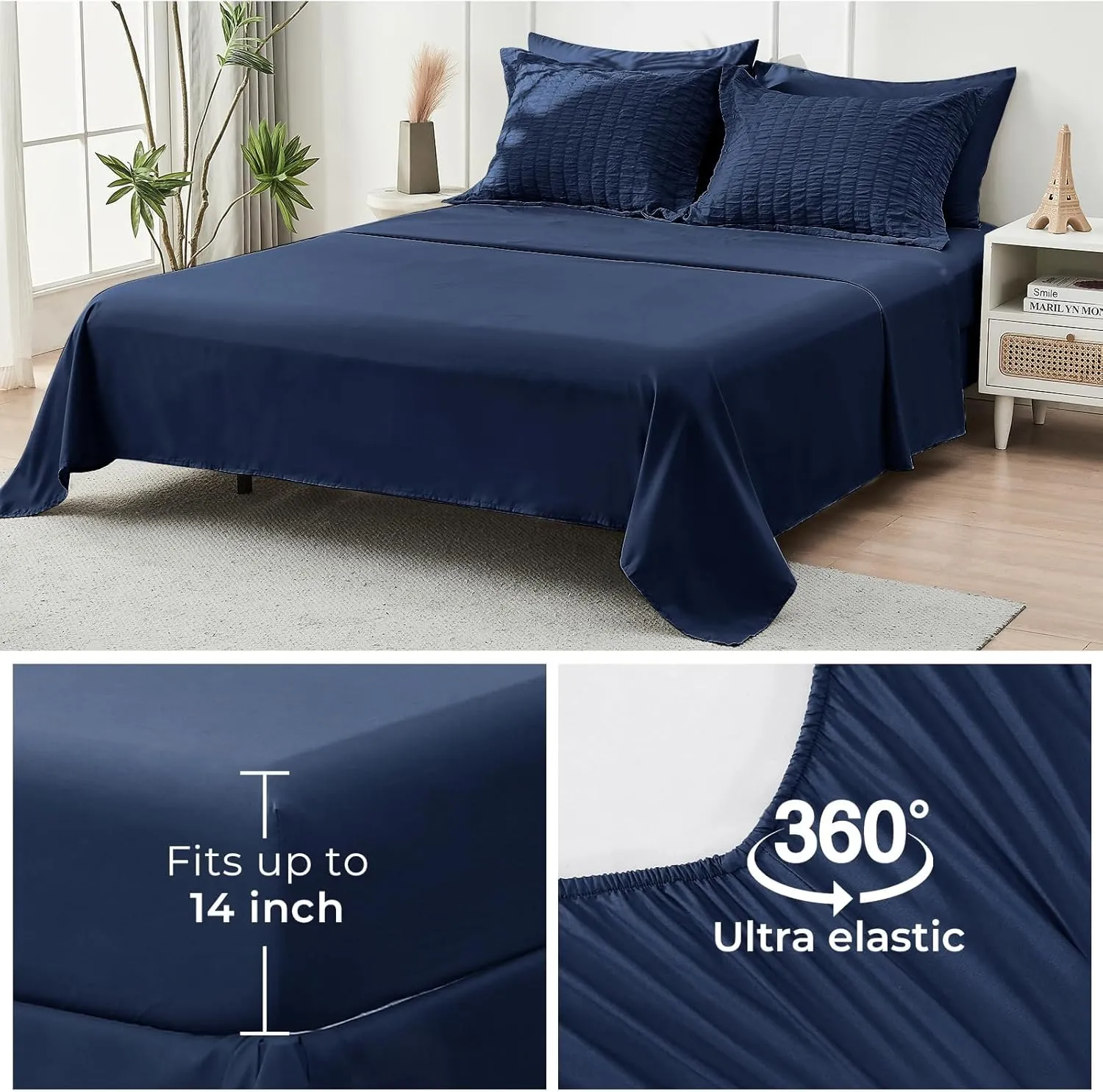 HYMOKEGE Navy Blue Full Size Comforter Sets Seersucker 7 Pieces, All Season Luxury Bed in a Bag for Bedroom, Bedding Set with Comforters, Sheets, Pillowcases & Shams