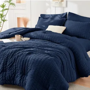 HYMOKEGE Navy Blue Full Size Comforter Sets Seersucker 7 Pieces, All Season Luxury Bed in a Bag for Bedroom, Bedding Set with Comforters, Sheets, Pillowcases & Shams